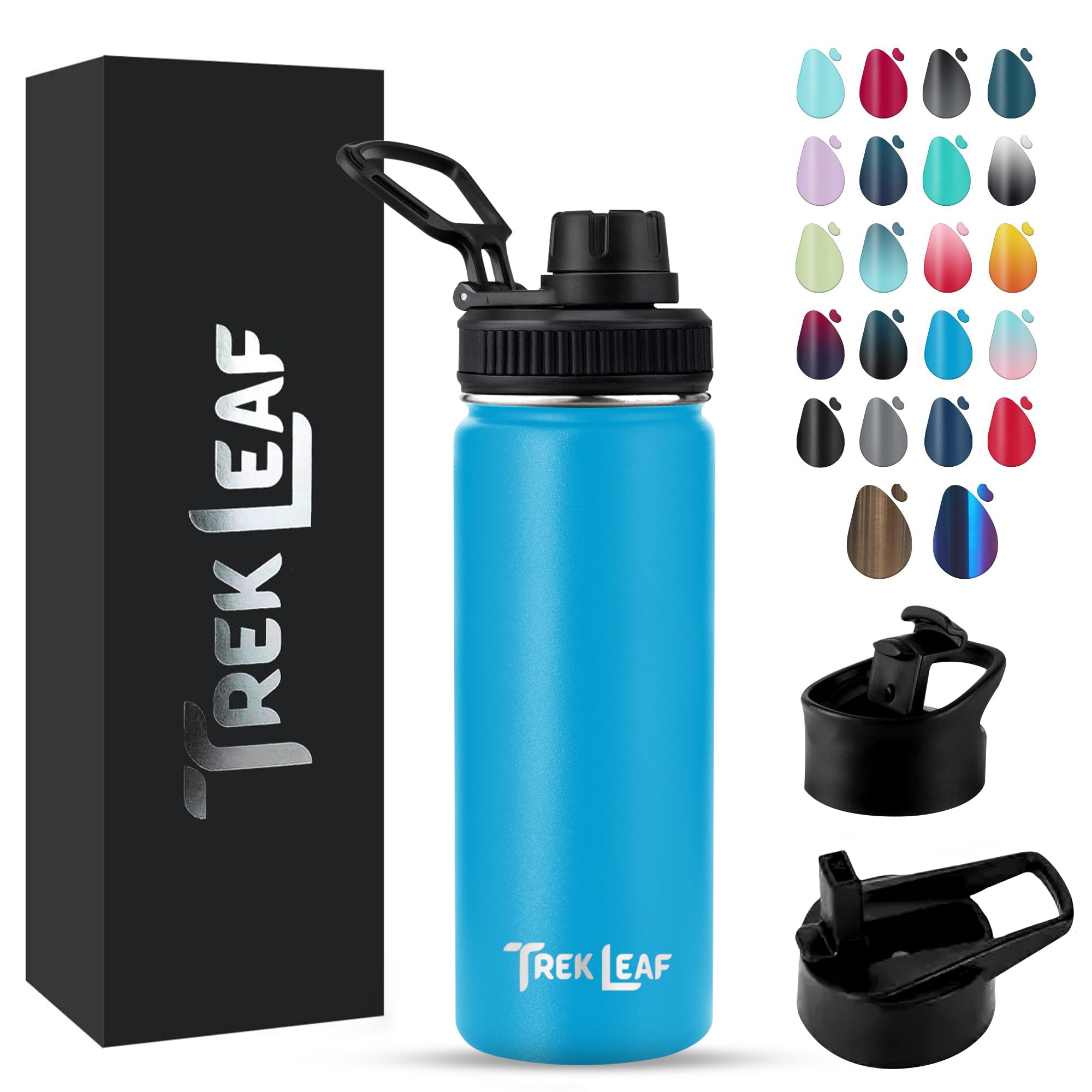 Trek Leaf Travel Water Bottle with 3 Lids (Spout, Straw, Flip) Leak Proof, Quality, Vacuum Insulated, Stainless Steel (Ocean Blu