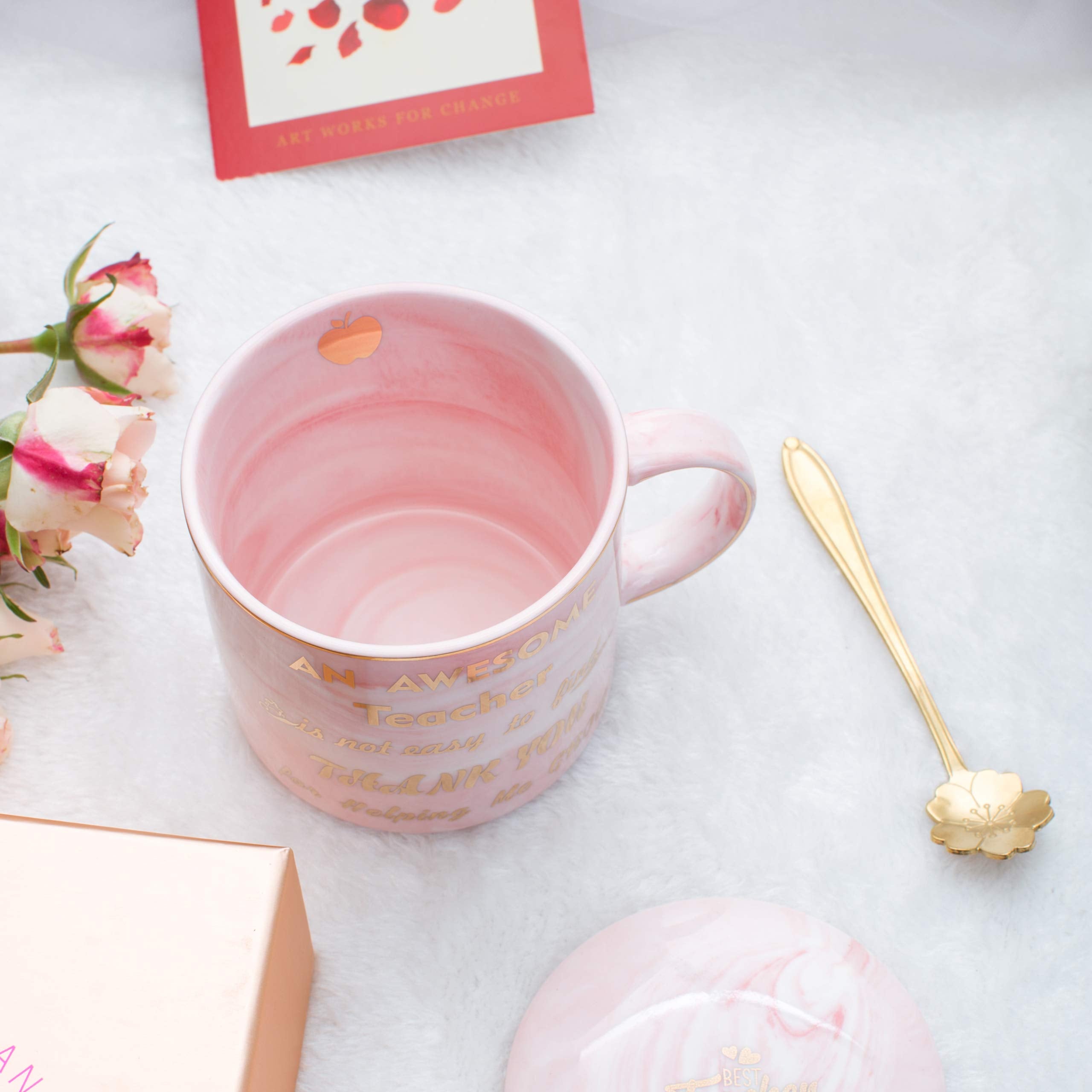 Luspan Teacher Appreciation Gifts,Teacher Gifts for Women,Pink Marble Ceramic Teachers Mug 11.5oz and Lid