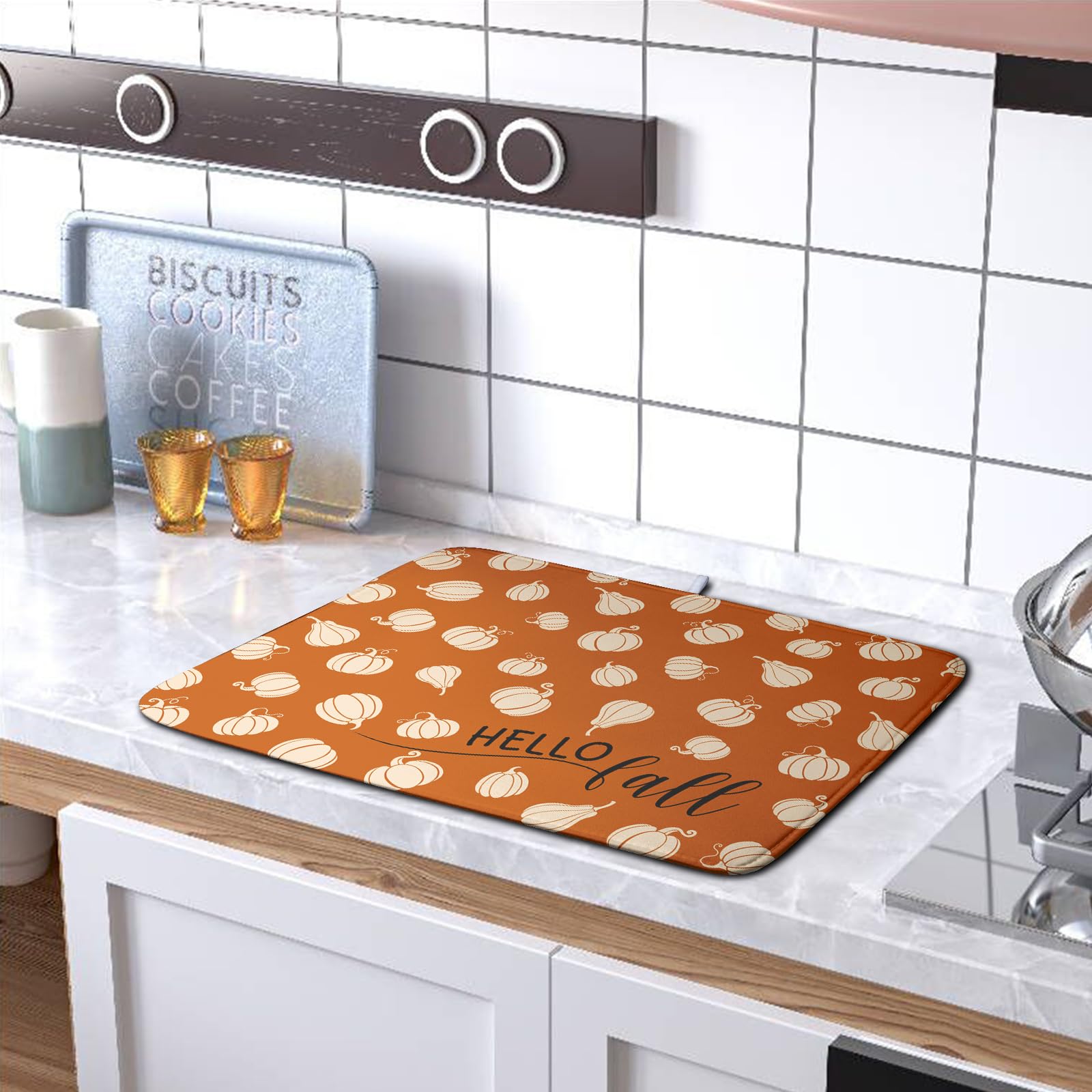 Kwlegh Hello Fall Drying Mat for Kitchen Counter Autumn Orange Pumpkin Dry Dish Mat Thanksgiving Absorbent Microfiber Dish Drain