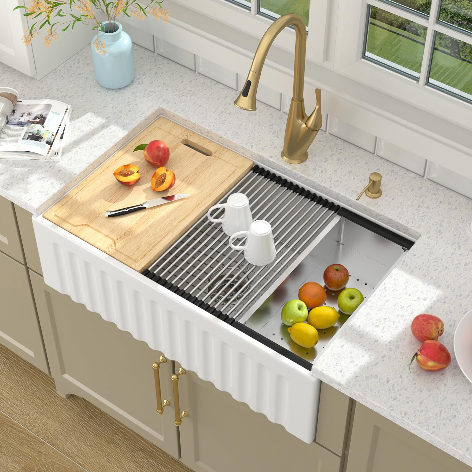 Lordear 33 White Farmhouse Sink Workstation Porcelain Farm Kitchen Sinks White Single Bowl Basin 33X20X10 Inch Large Bowl Sink