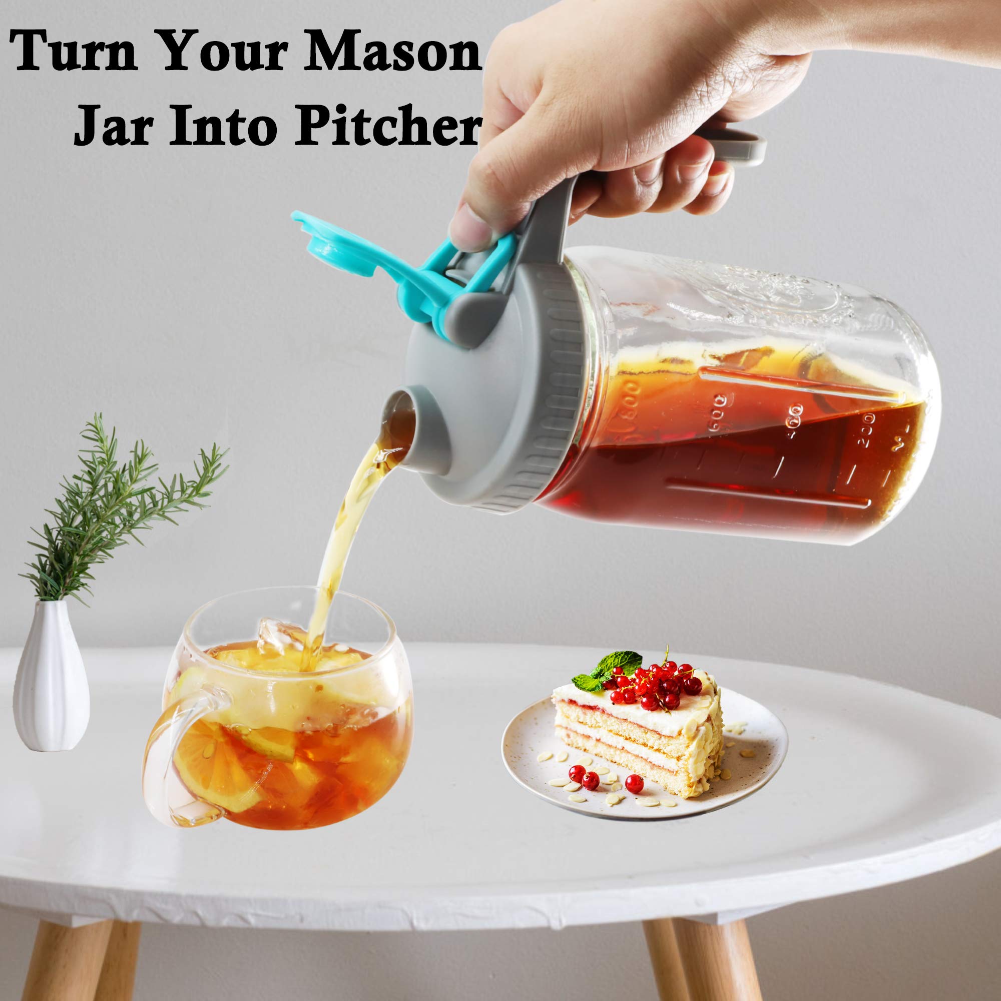 Mason Jar Pitcher 32 Oz Wide Mouth With Handle And Pour Spout Lids, Leak Proof 1 Quart Glass Pitchers With Flip Cap Airtight Wat