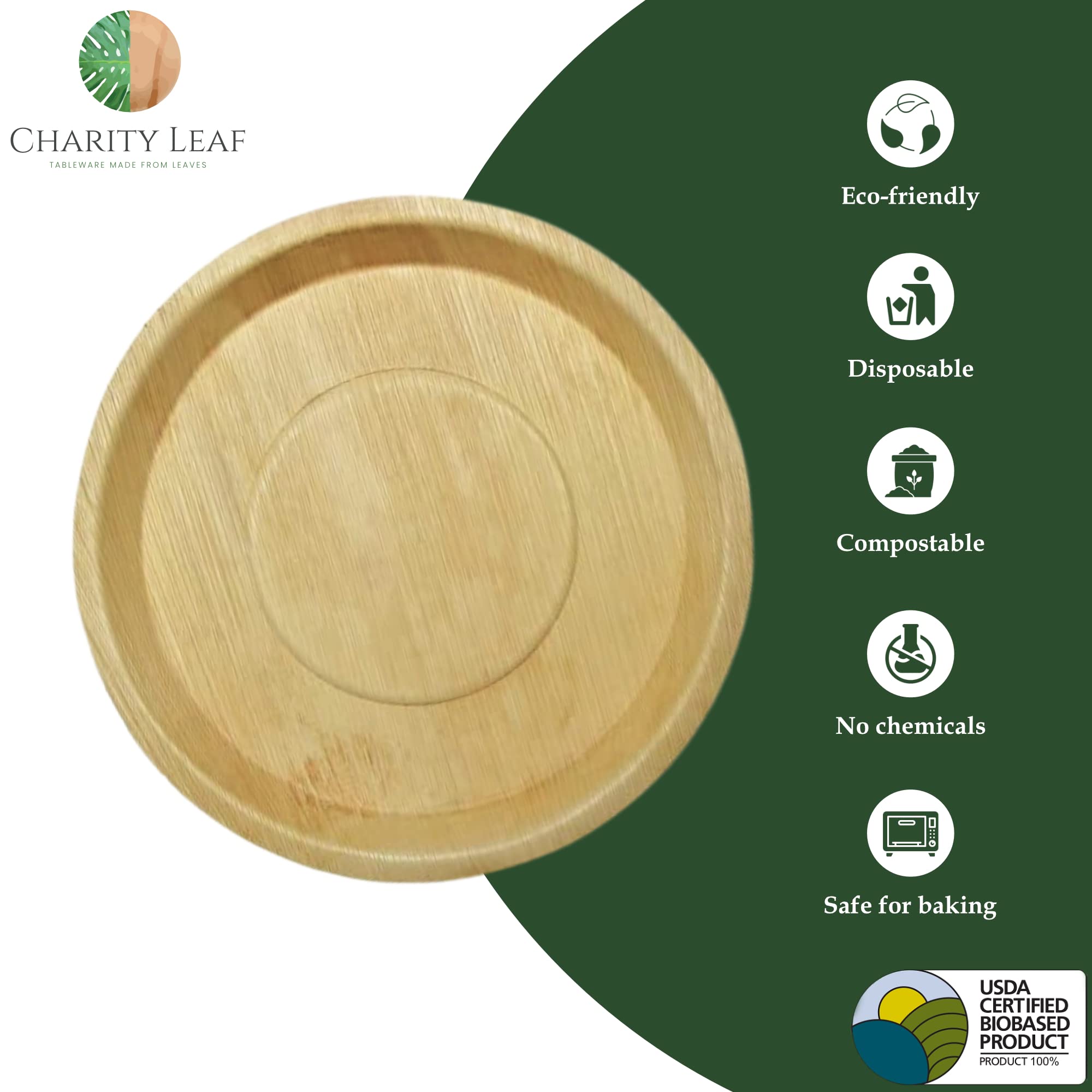 Charity Leaf Disposable Palm Leaf 14'' Round Trays (10 Pieces) Bamboo Like Serving Platters, Disposable Boards, Eco-Friendly Din