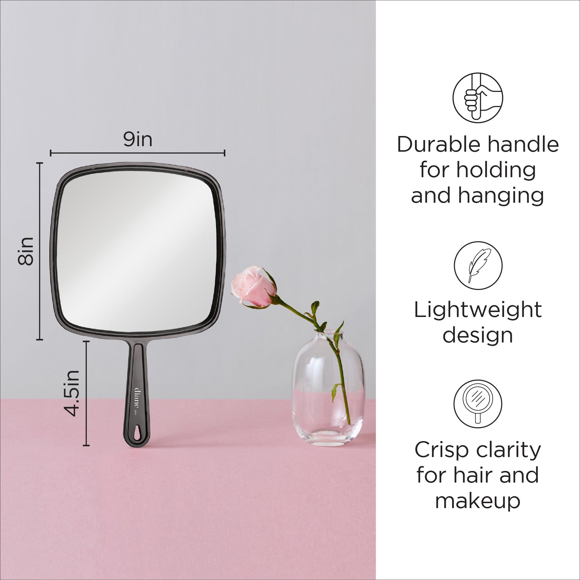 Diane Professional Quality Hand Held Mirror With Handle, Single Sided Vanity Makeup Mirror For Women, Men, Salon, Barber, Shavin