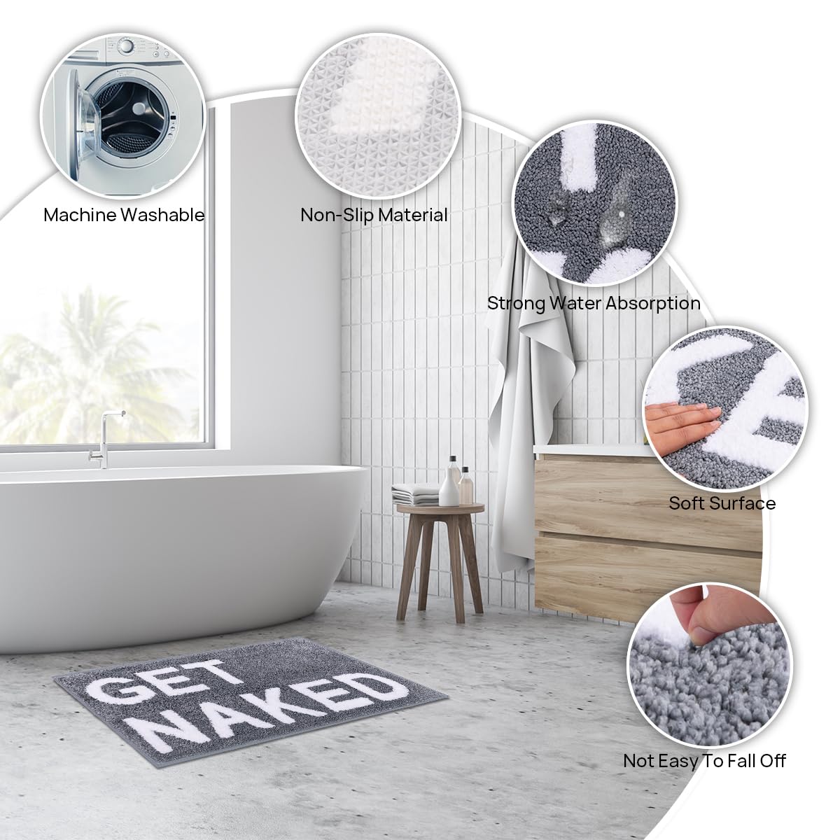 Qubomax Get Naked Bath Mat - Non-Slip, Super Absorbent, Funny Bathroom Rug, Machine-Washable, Cotton & Microfiber, 32''X20'' (Gr
