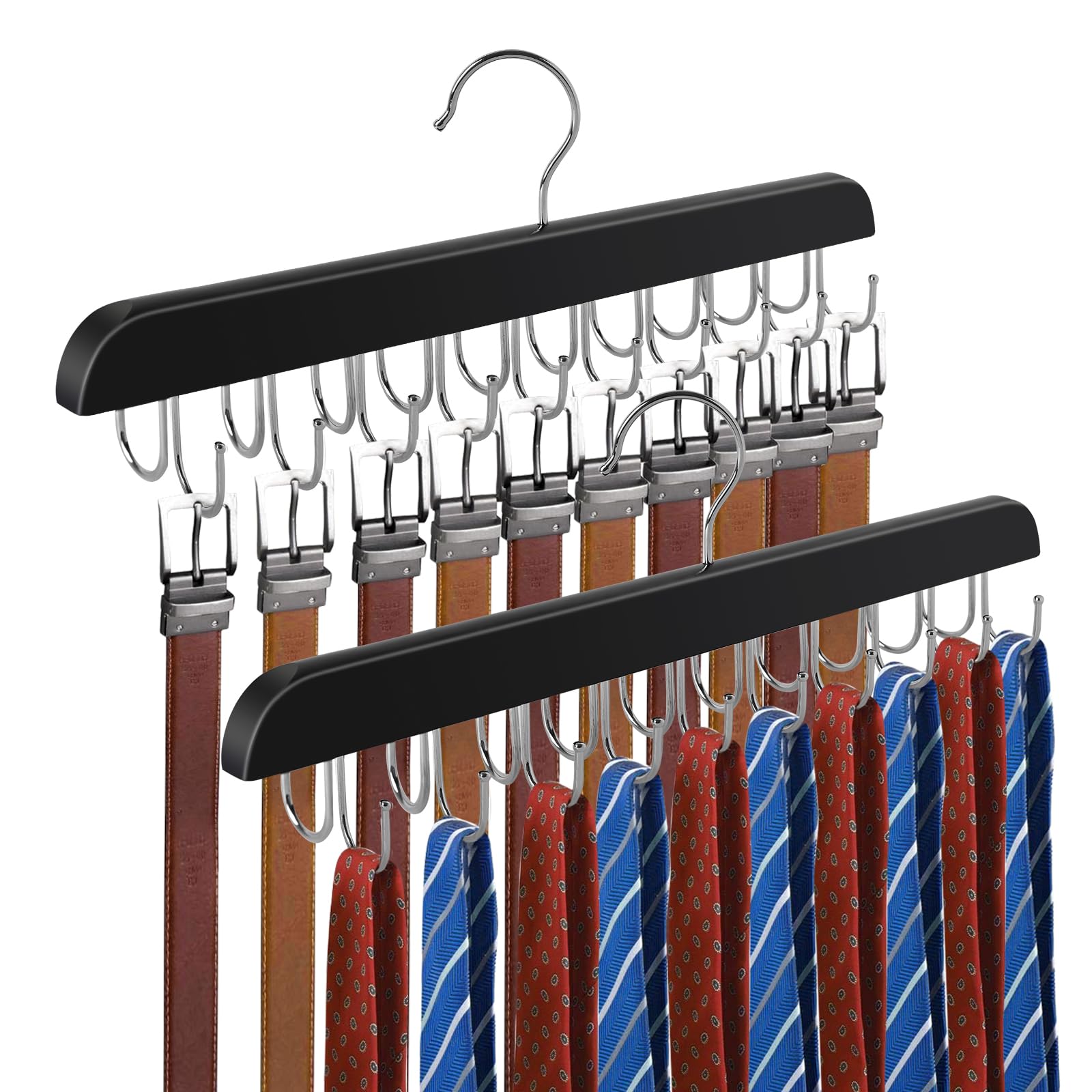 Belt Hanger For Closet, Holds Max 60 Belts, Wooden 20 Hooks Belt Organizer Wardrobe Accessory, 360 Rotatable Belt Storage Hanger