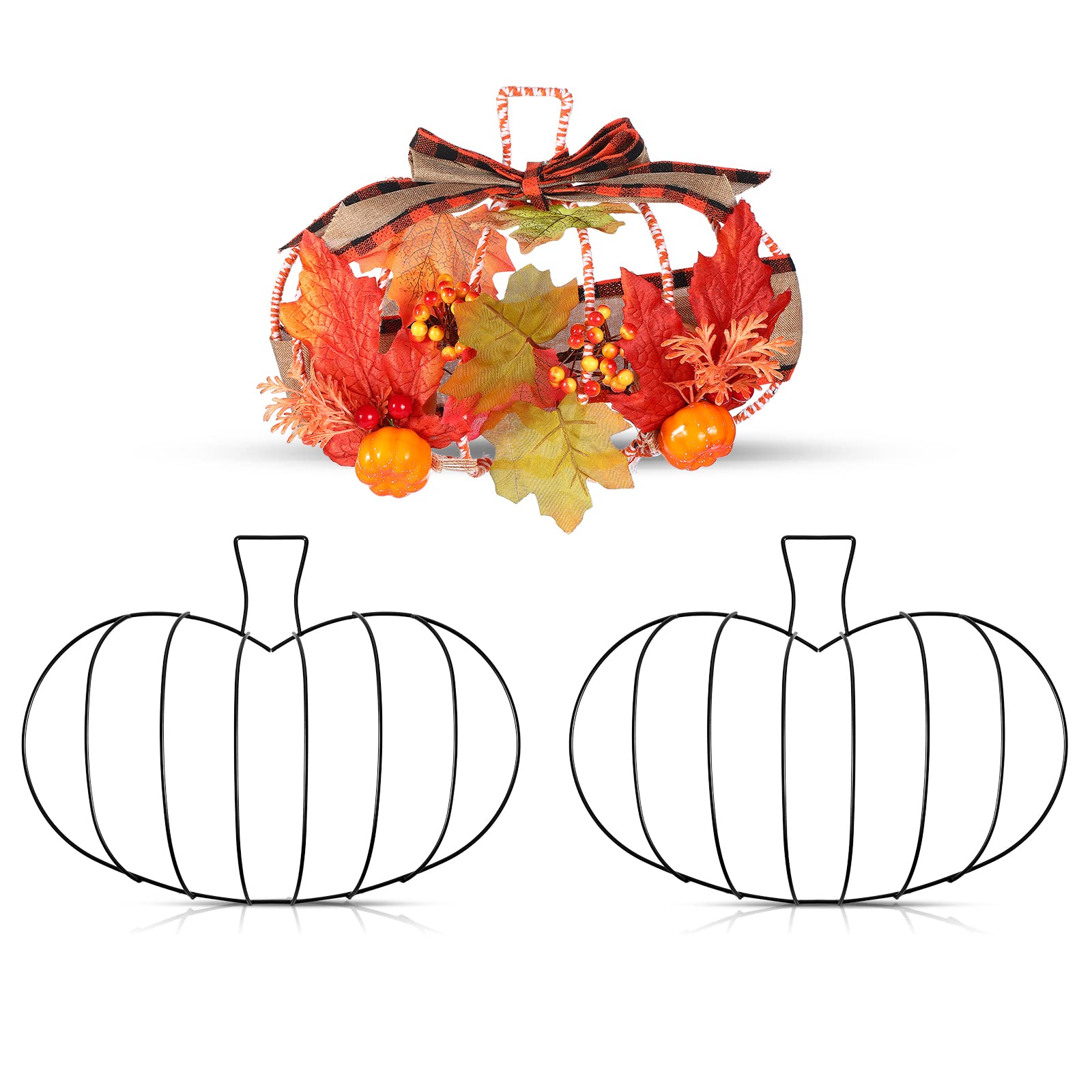 Hotop 3 Pcs 10 x 7.3 Inches Thanksgiving Pumpkin Shaped Metal Wreath Form Fall Wire Floral Frame Halloween 3D Pumpkin Wreath Ind