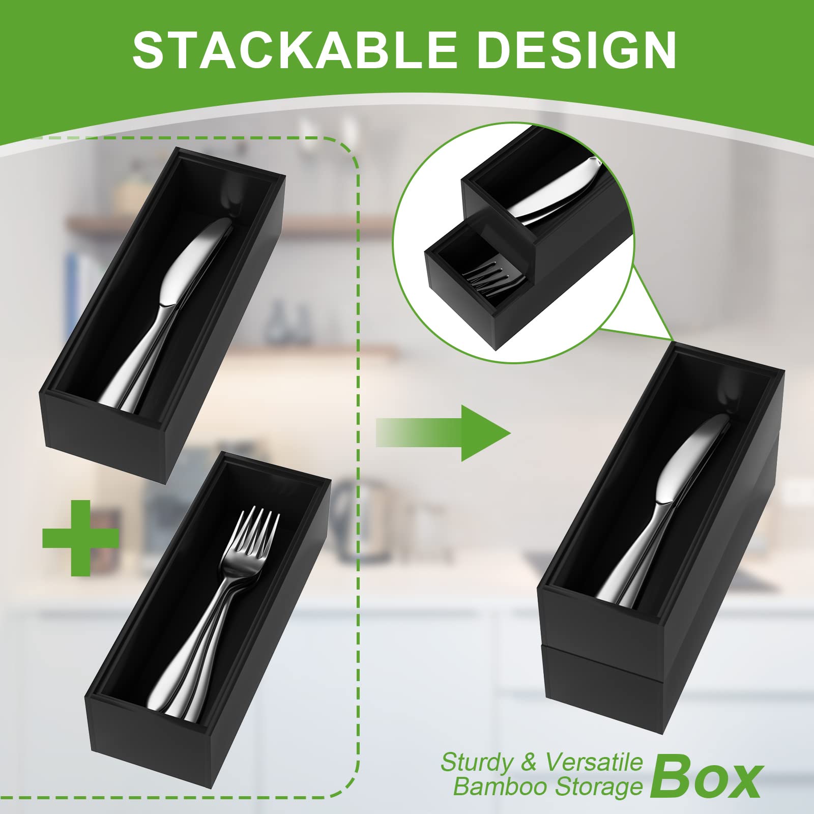 Premium Bamboo Kitchen Drawer Organizer - Set Of 2, Stackable Utensils Holder, Storage Box Tray For Kitchen Drawers, Cabinet, Ut