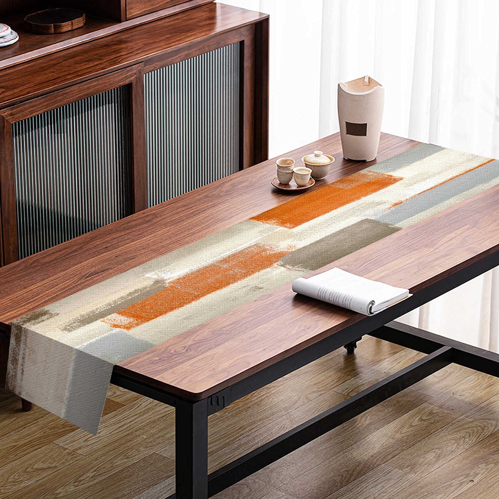 Mcalk Farmhouse Orange Table Runner And Placemats Set Of 6 Pieces, Brown Placemats Modern Art,Grey Abstract Art Cloth Place Mats