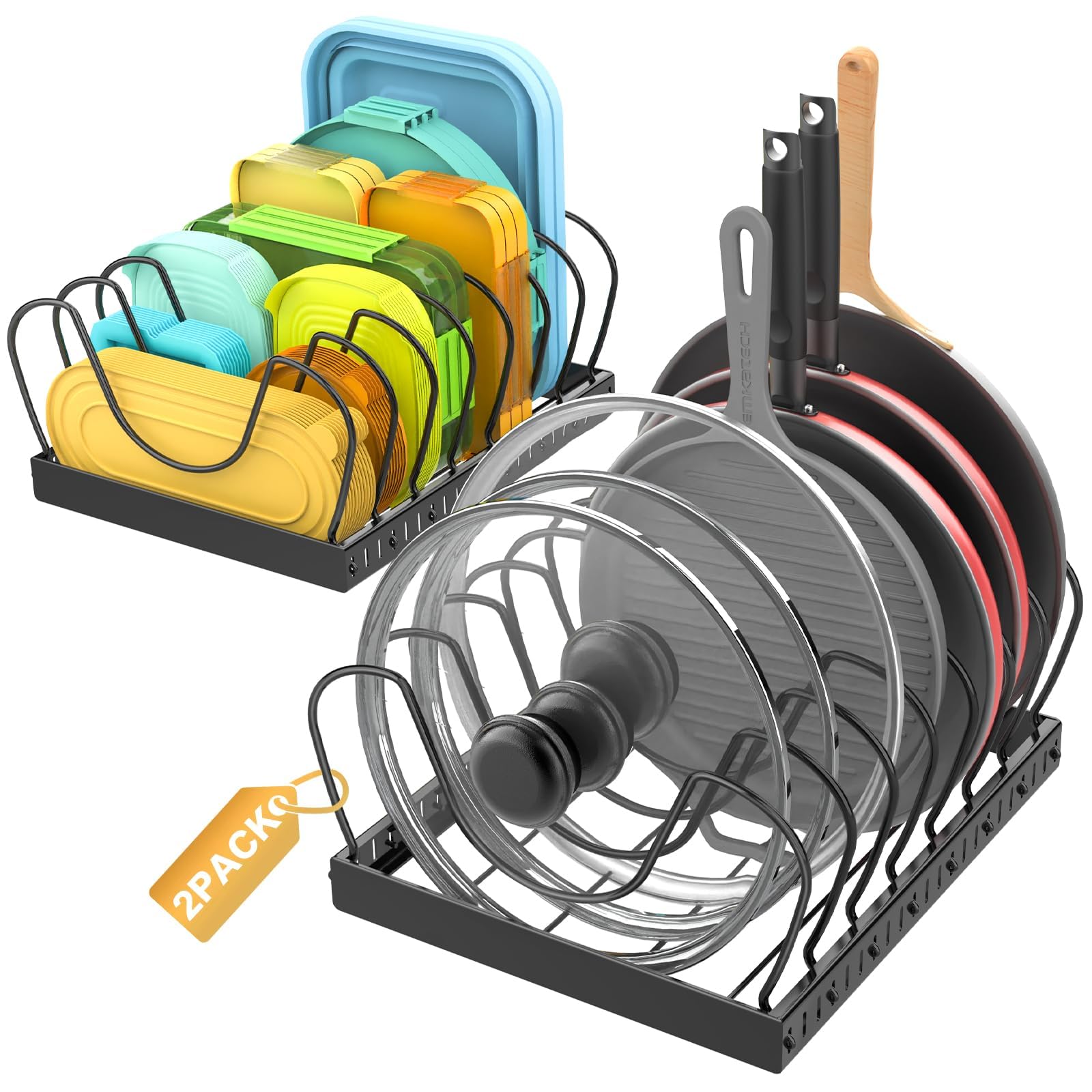 NomNest 2PACK Large Pot Lid Organizers Inside Cabinet, Pots and Pans Organizer Under Cabinet with 16 Adjustable Dividers for Kit