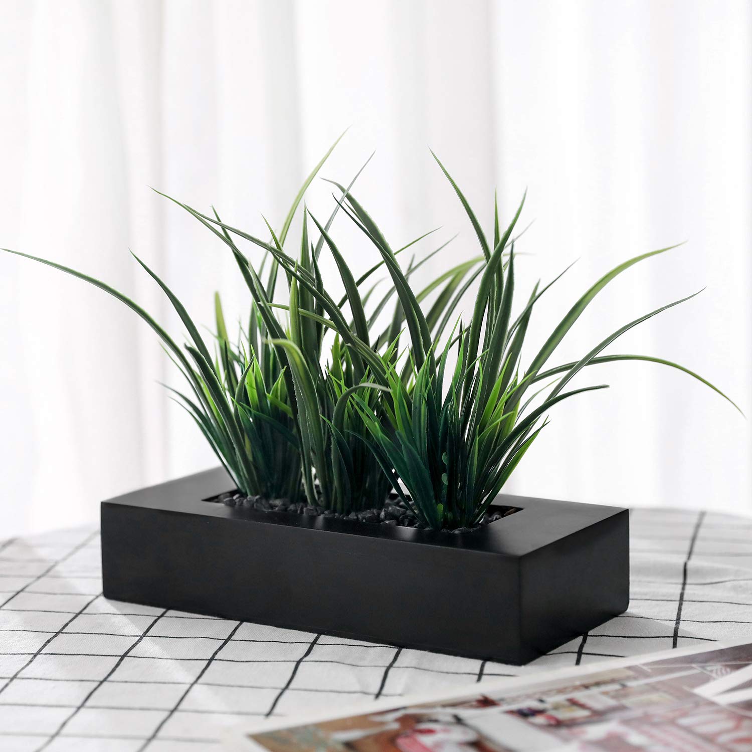 MyGift Artificial Green Grass Plants Potted in 9-inch Matte Black Wood Decorative Planter, Tabletop Faux Greenery in Wooden Rect