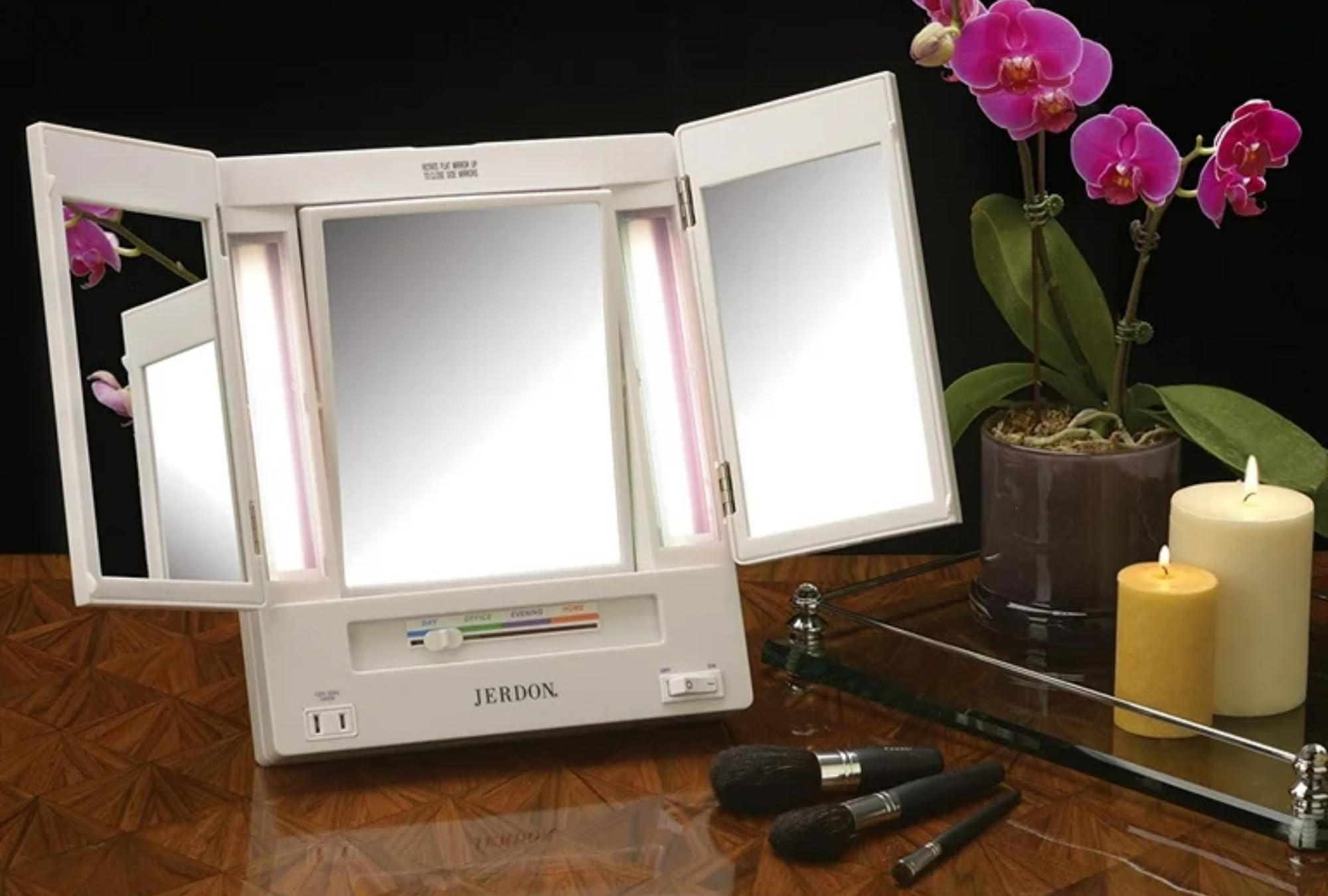JERDON Tri-Fold Makeup Mirror with Lights, 5X-1X Magnification, 11.8"x9.6", Plastic, White, Model JGL9W