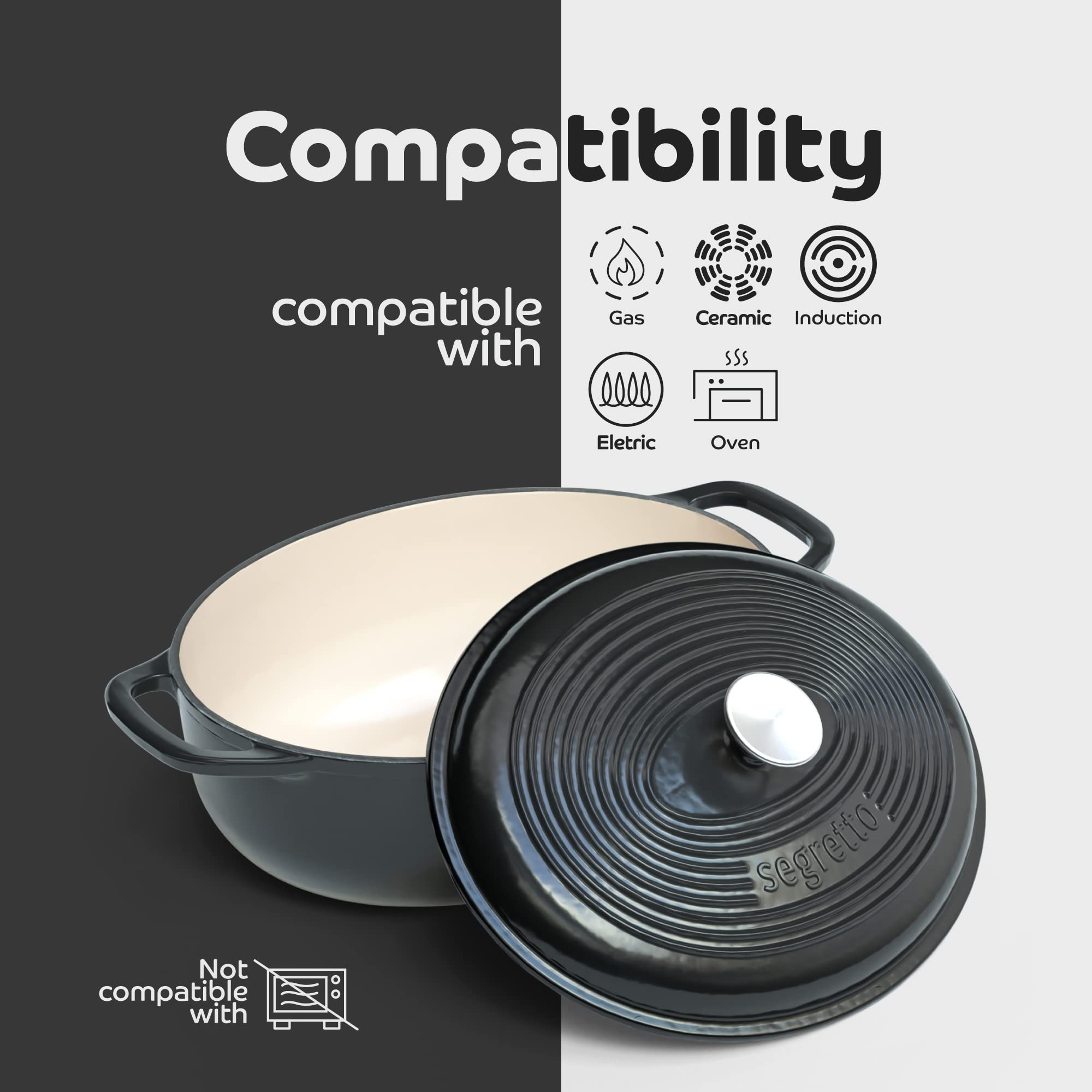 Segretto Cookware Enameled Oval Cast Iron Dutch Oven With Handle, 7 Quarts, Nero (Black), 7Qt Dutch Oven Cast Iron Pot With Lid