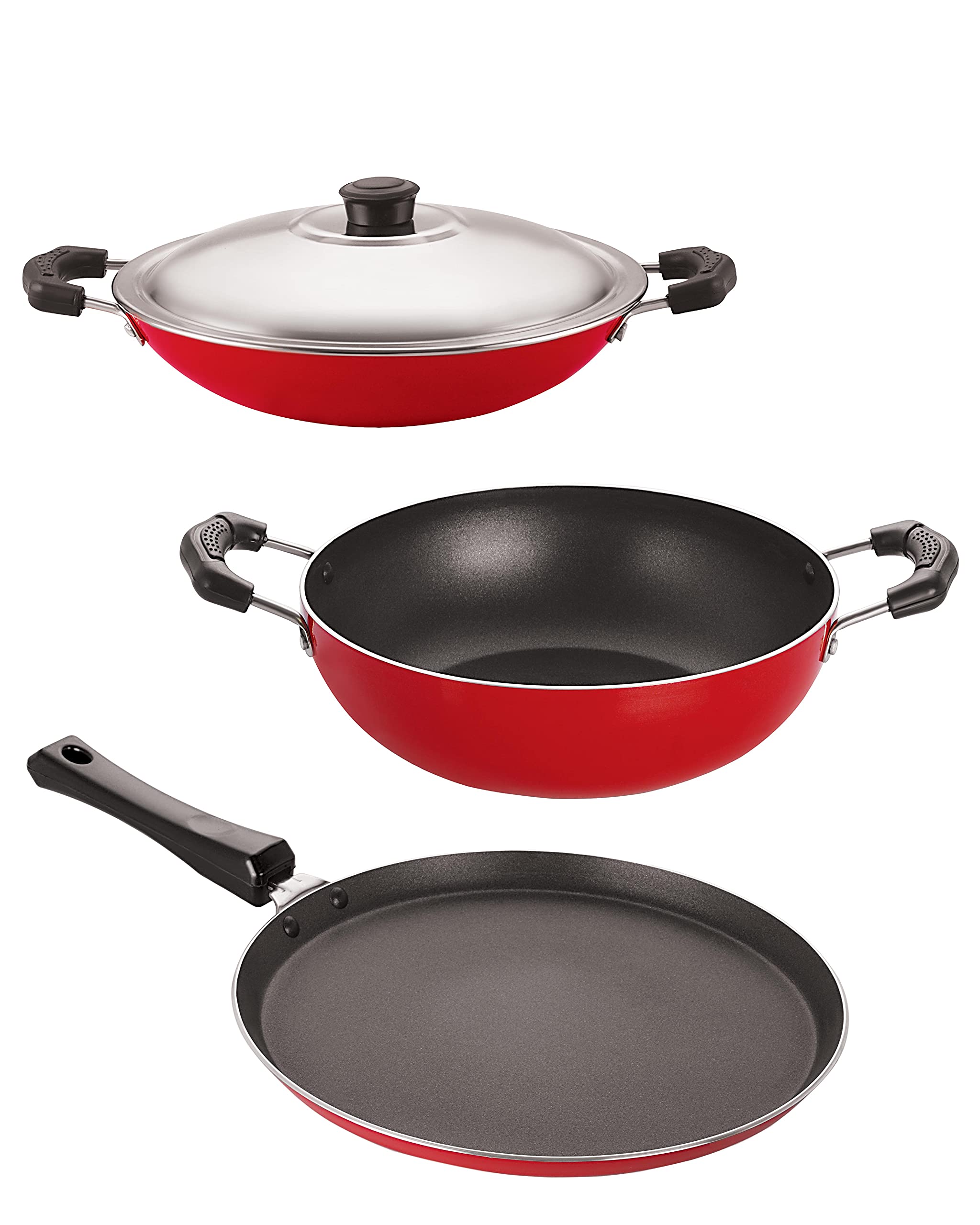 Nirlon New Traditions Aluminum Nonstick 3Piece Cookware Set, Red With Black Interior (Flat Twa 30 Cm, Kadai 1.5 Ltr, Appa Chatt