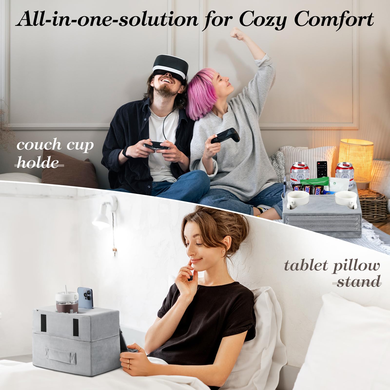 Luxspire Couch Cup Holder Tray, Couch Cup Holder Pillow With 8 Holes And Side Pocket, Tablet Pillow Couch Caddy For Ipad/Drinks/