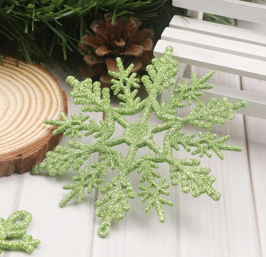 YYCRAFT 32pcs Glitter Snowflake Ornament 4 Inch for Christmas Tree Decoration-Lime Green