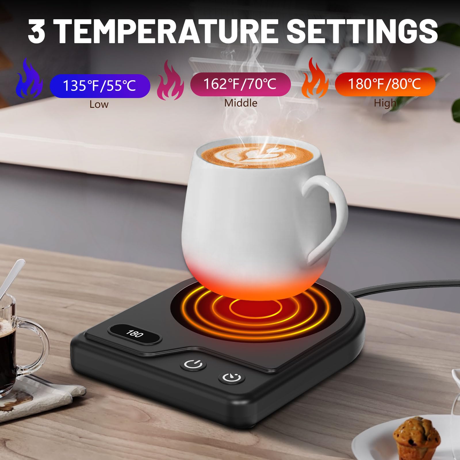 Mug Warmer,Coffee Mug Warmer With 3 Adjustable Temperature Settings,Coffee Warmer With 2-12H Auto Shutoff Functions,Easy To Clea