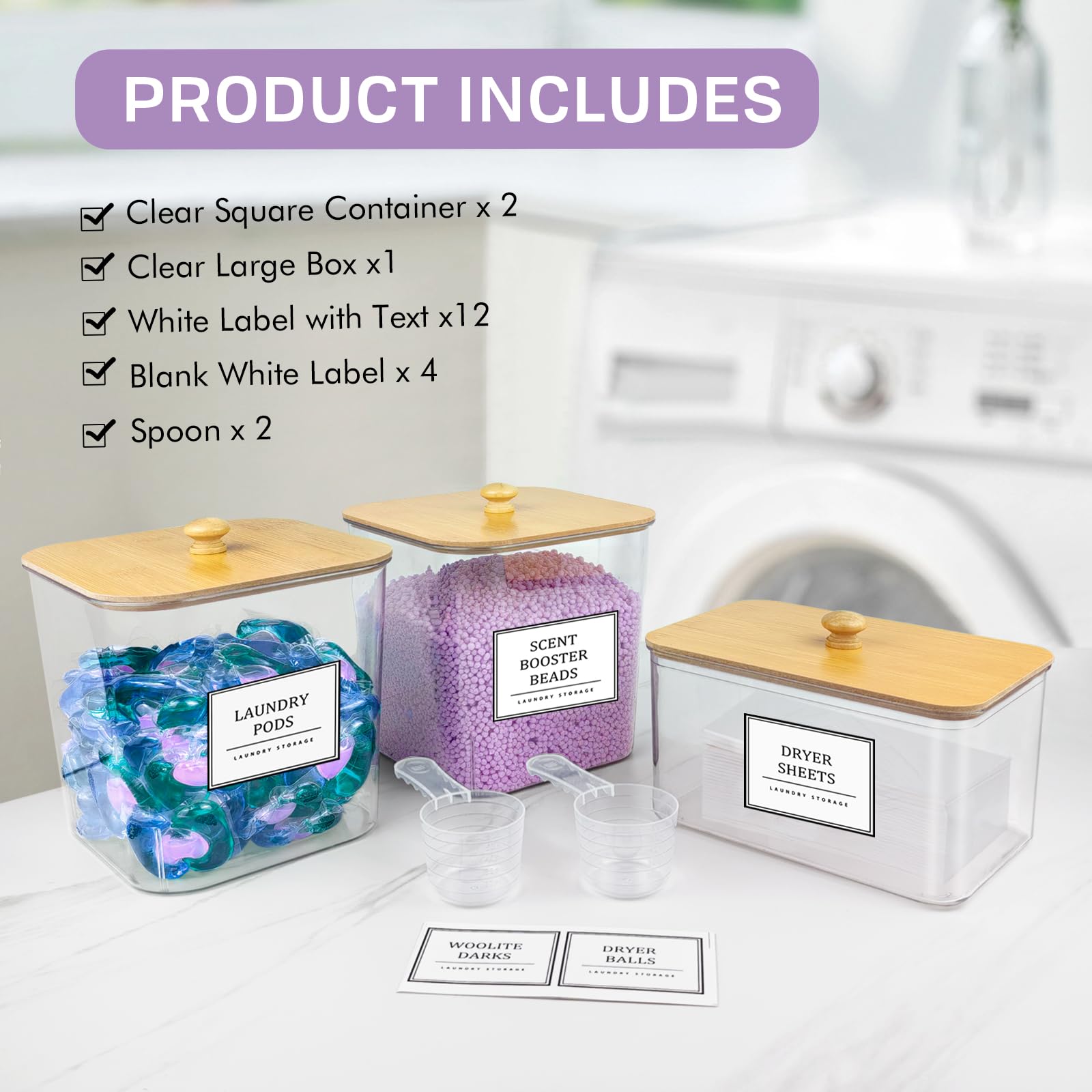 2+1 Pack Laundry Pods Container,Clear Laundry Detergent Powder Storage Containers,Laundry Room Organization Containers With Wood