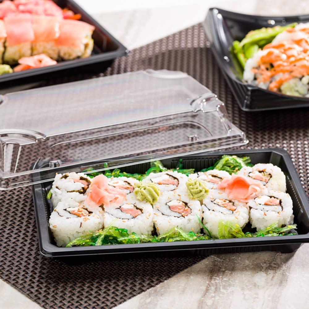 Restaurantware Roku 8.75 x 5.5 Inch Sushi Trays  100 Disposable Sushi Containers With Lids - Large  Rectangle  Black Plastic To Go Containers  For Appetizers  Entrees  or Desserts
