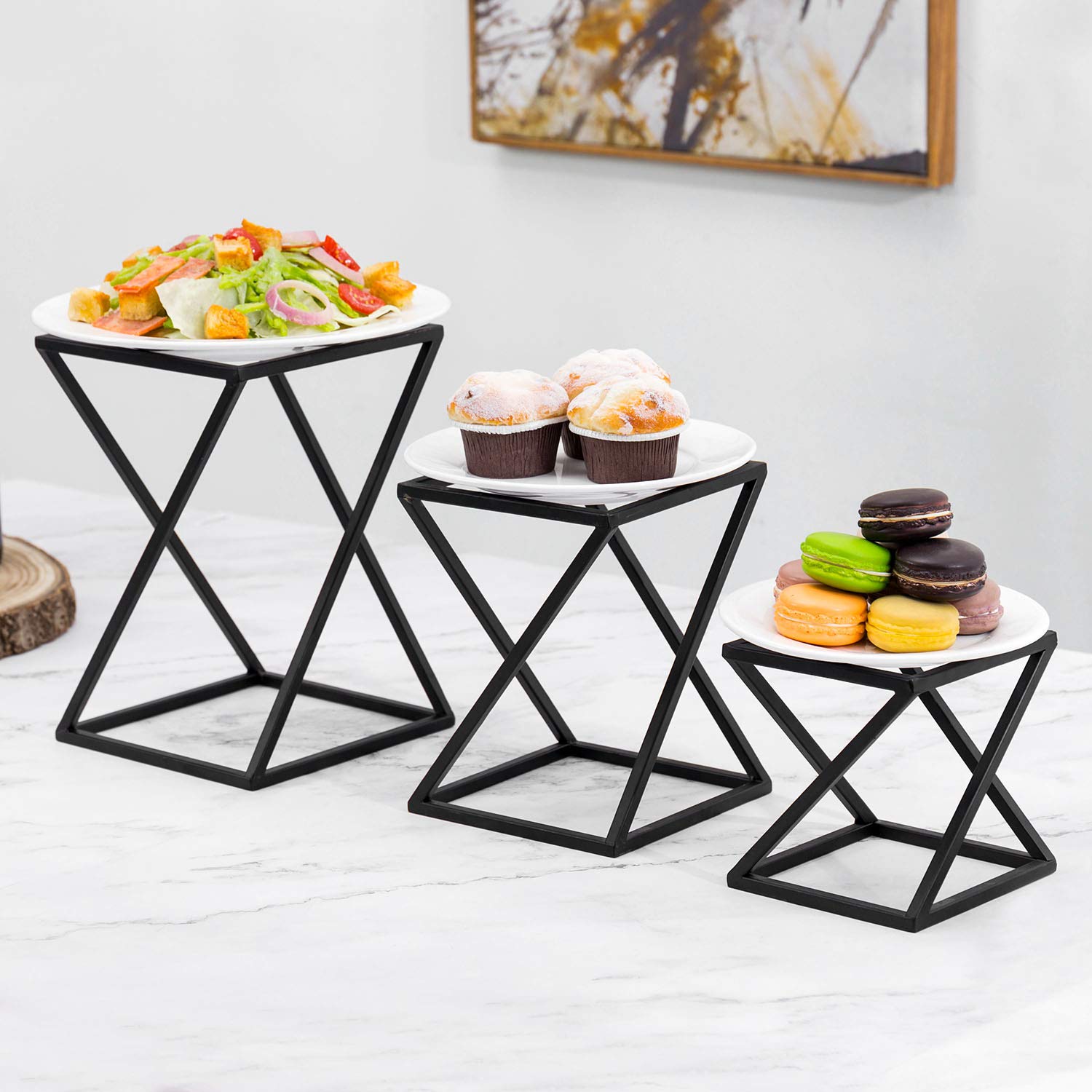 Mygift Twisting Geometric Matte Black Metal Pizza Riser Racks/Food Display Stands, Set Of 3