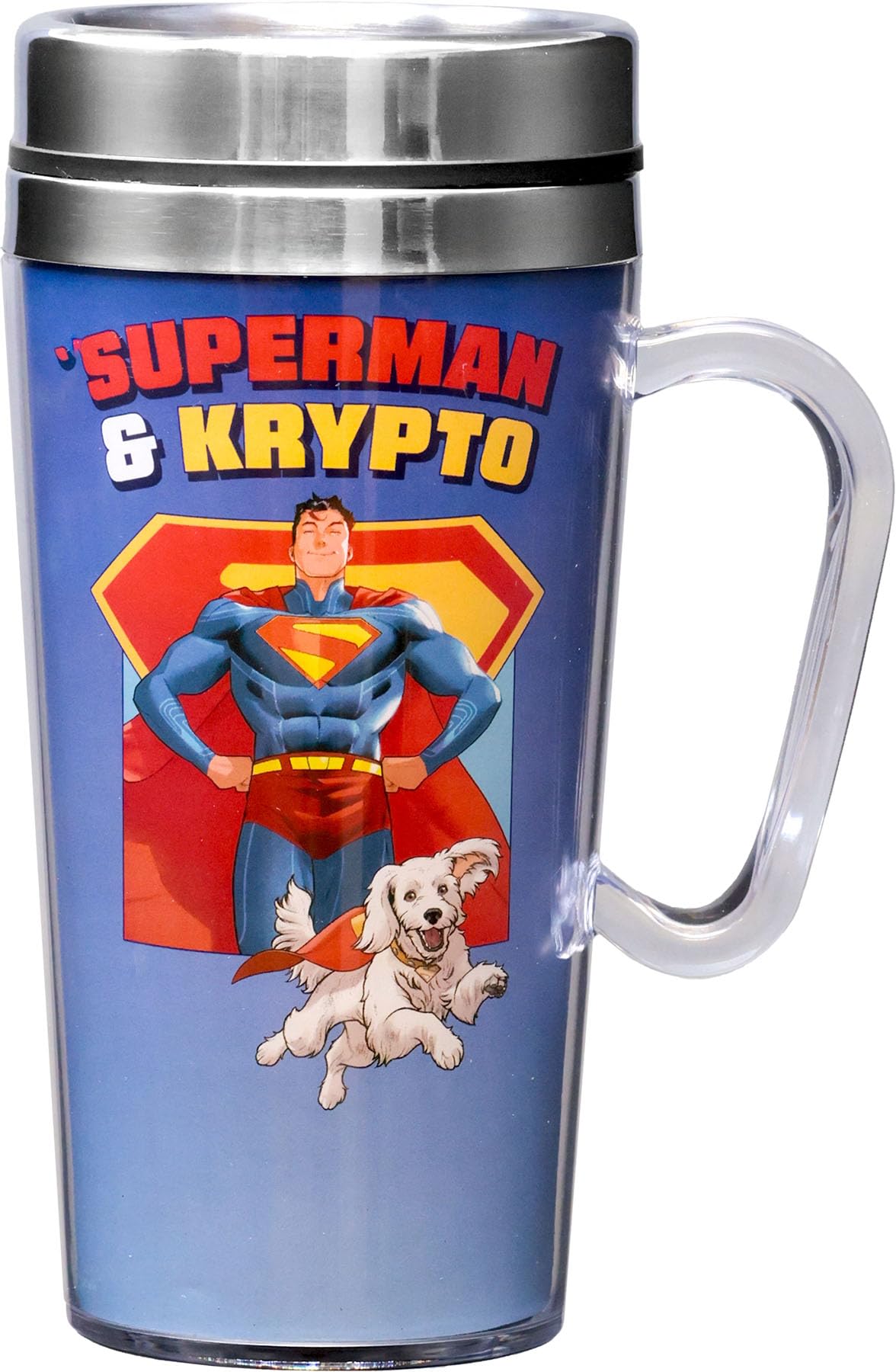 Spoontiques DC Comics Insulated Travel Mug, 14oz - Double Wall Stainless & Acrylic Drink Cup with Twist Top Lid & Handle - Super