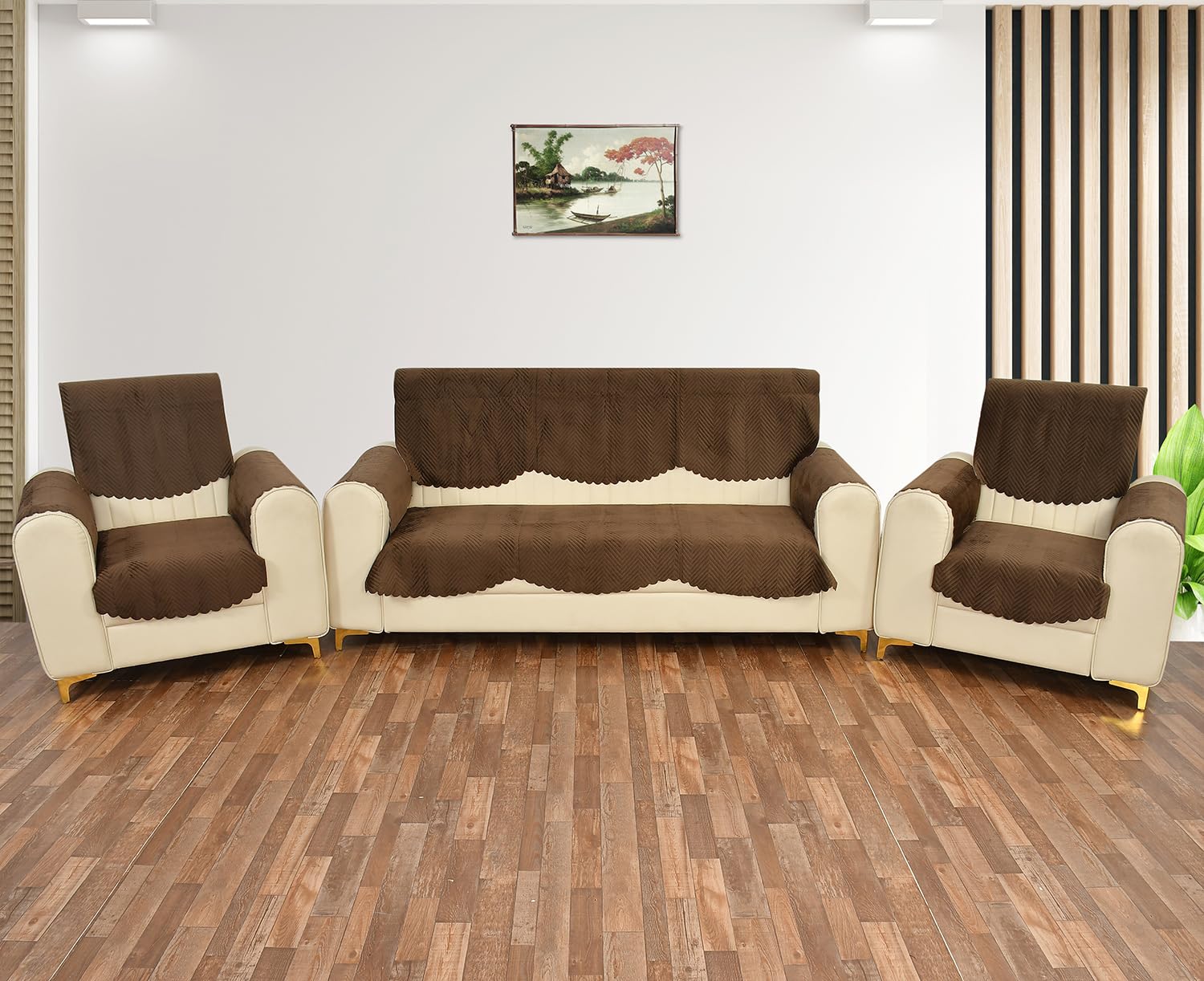 Yellow Weaves 5 Seater Quilted Sofa Cover And Chair Cover With Arm Cover, Seat & Back Cover, Color - Dark Brown, Velvet