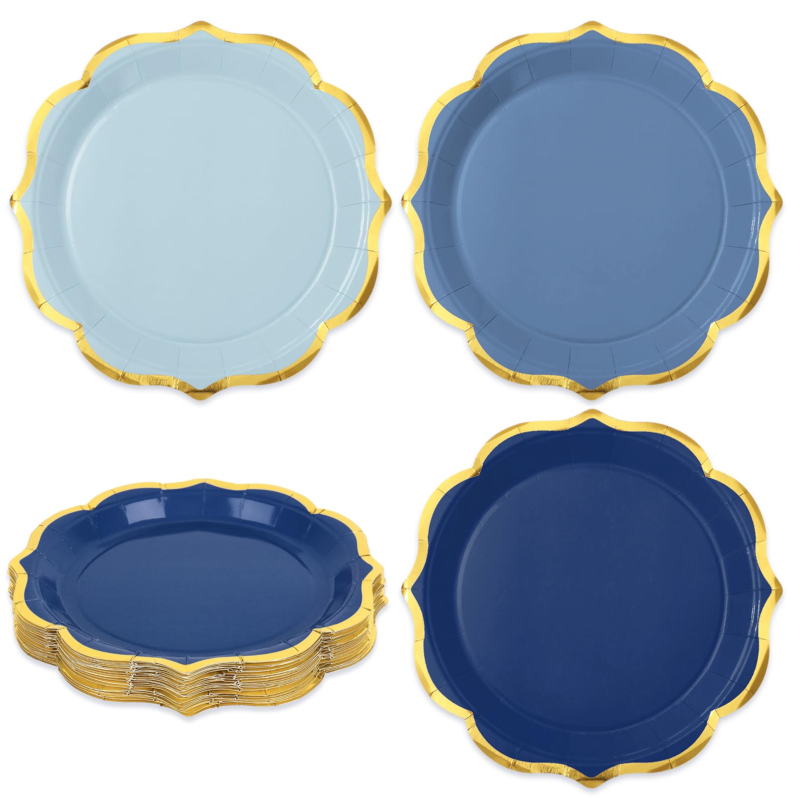 Whaline 30 Pcs Dusty Blue Paper Plates Gold Foil Scalloped Disposable Plates 3 Colors Dinner Plates for Wedding Birthday Party S