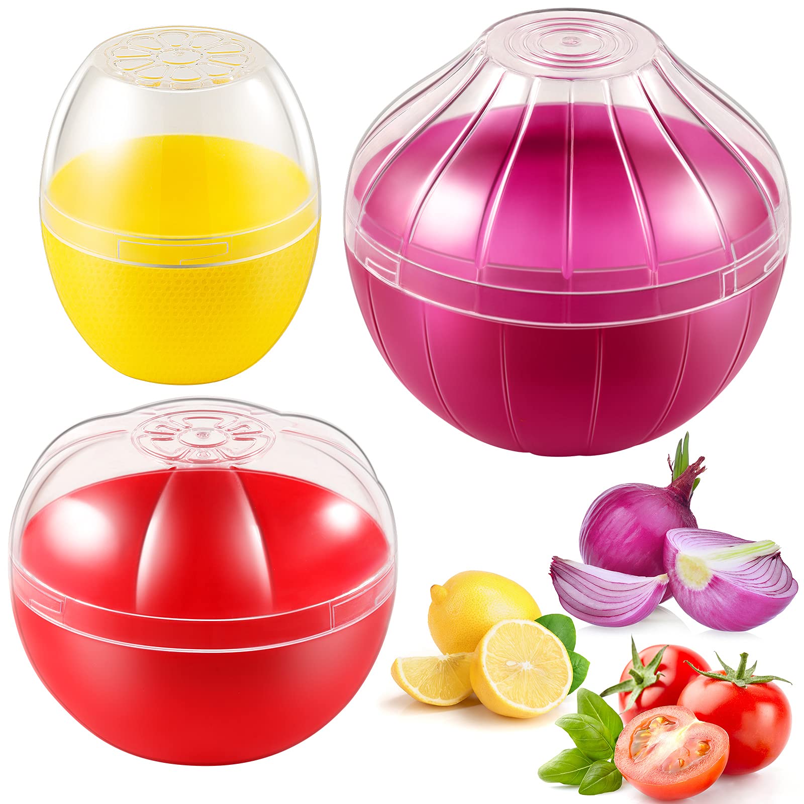 Babudeer Vegetable And Fruit Storage Containers For Fridge, 3 Pieces Bpa Free Reusable Food Saver - Tomato, Lemon, Onion Keeper