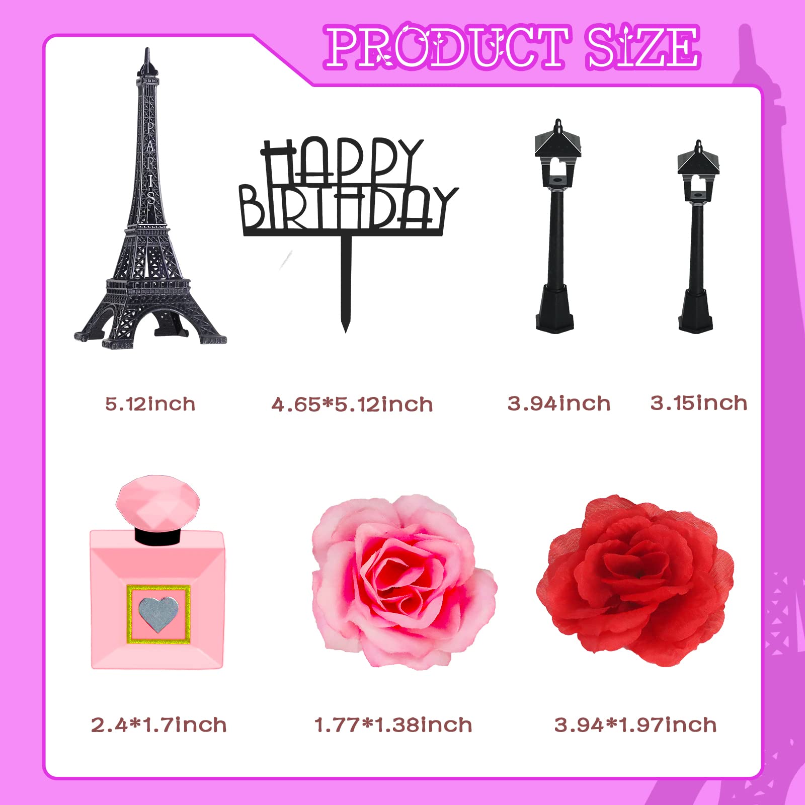 MEMOVAN 8pcs Paris Cake Topper Eiffel Tower Statue Cake Topper 7 Inch Pairs Eiffel Tower Perfume Bottle Birthday Topper Street Lamp Rose Cake Decoration for Girl Women Spa Paris French Theme Party