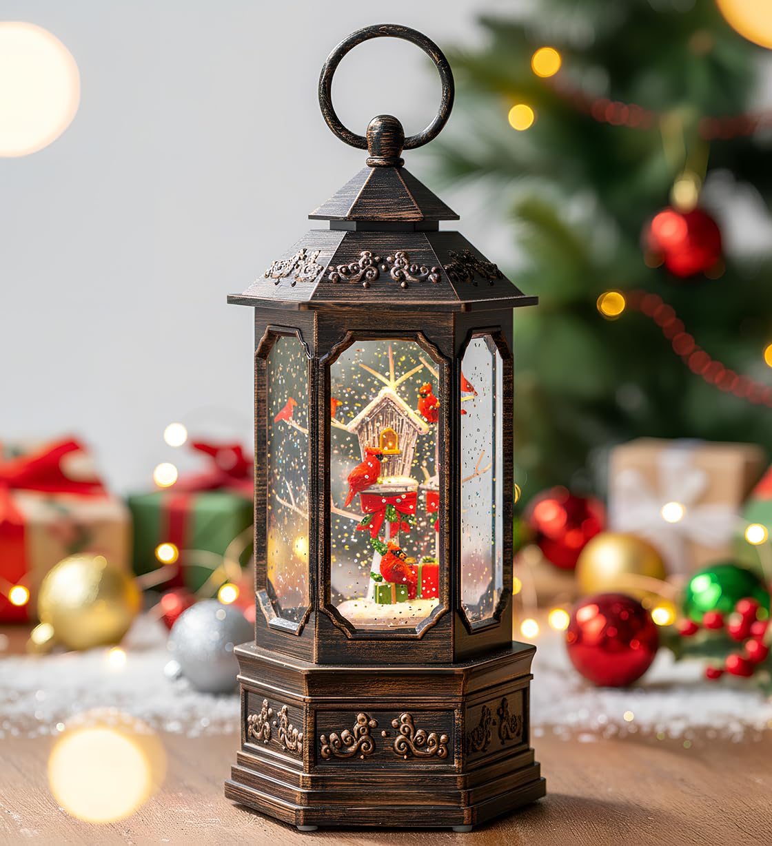 Musical Snow Globe Lantern Lighted Cardinal & Birdhouse Christmas Snow Water Lantern Swirling Glittering Home Decoration and Gif