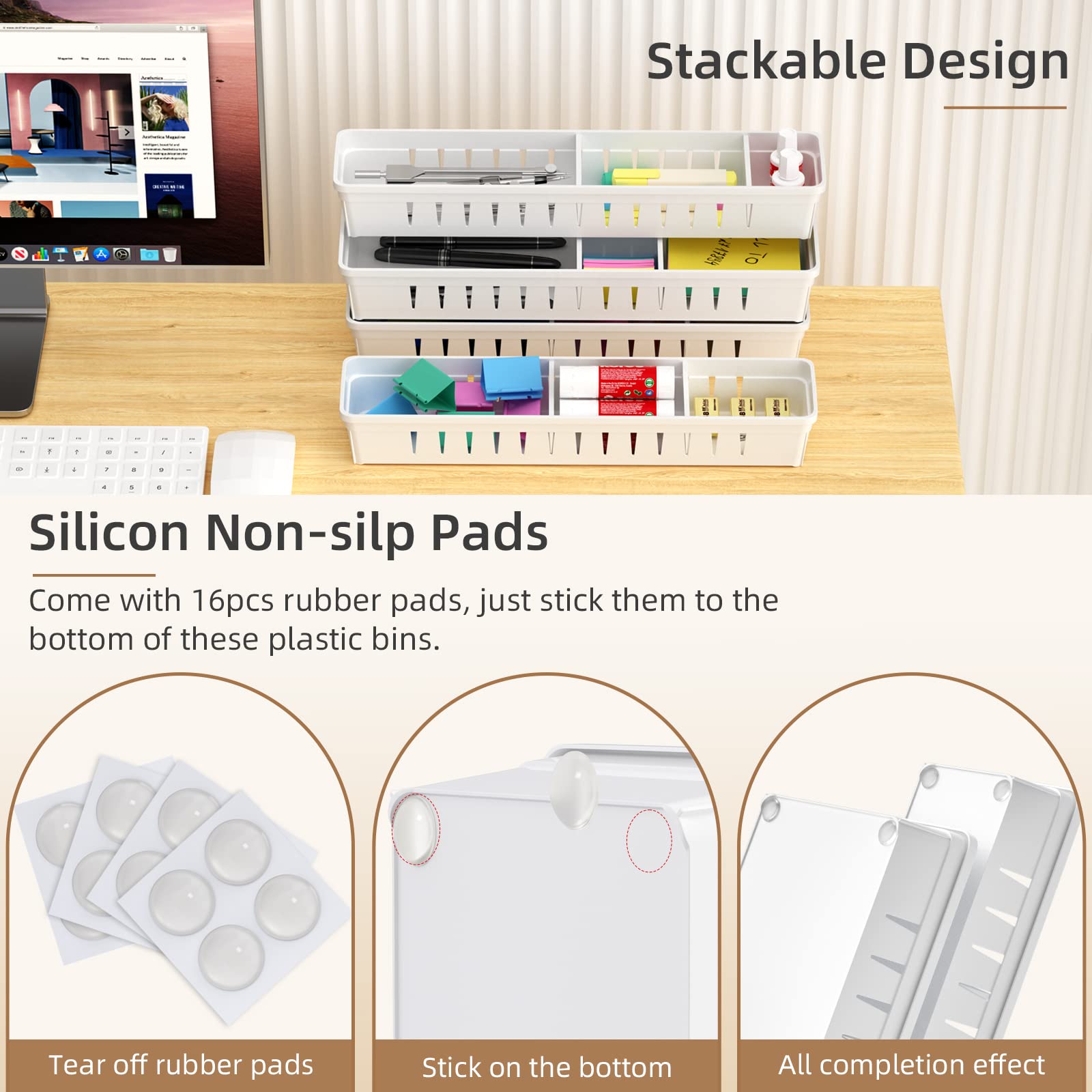 Pluspace Desk Drawer Organizer Tray 4 PCS Plastic Office Drawer Organizer Set Makeup Organizer Dividers with Non-Slip Silicone P