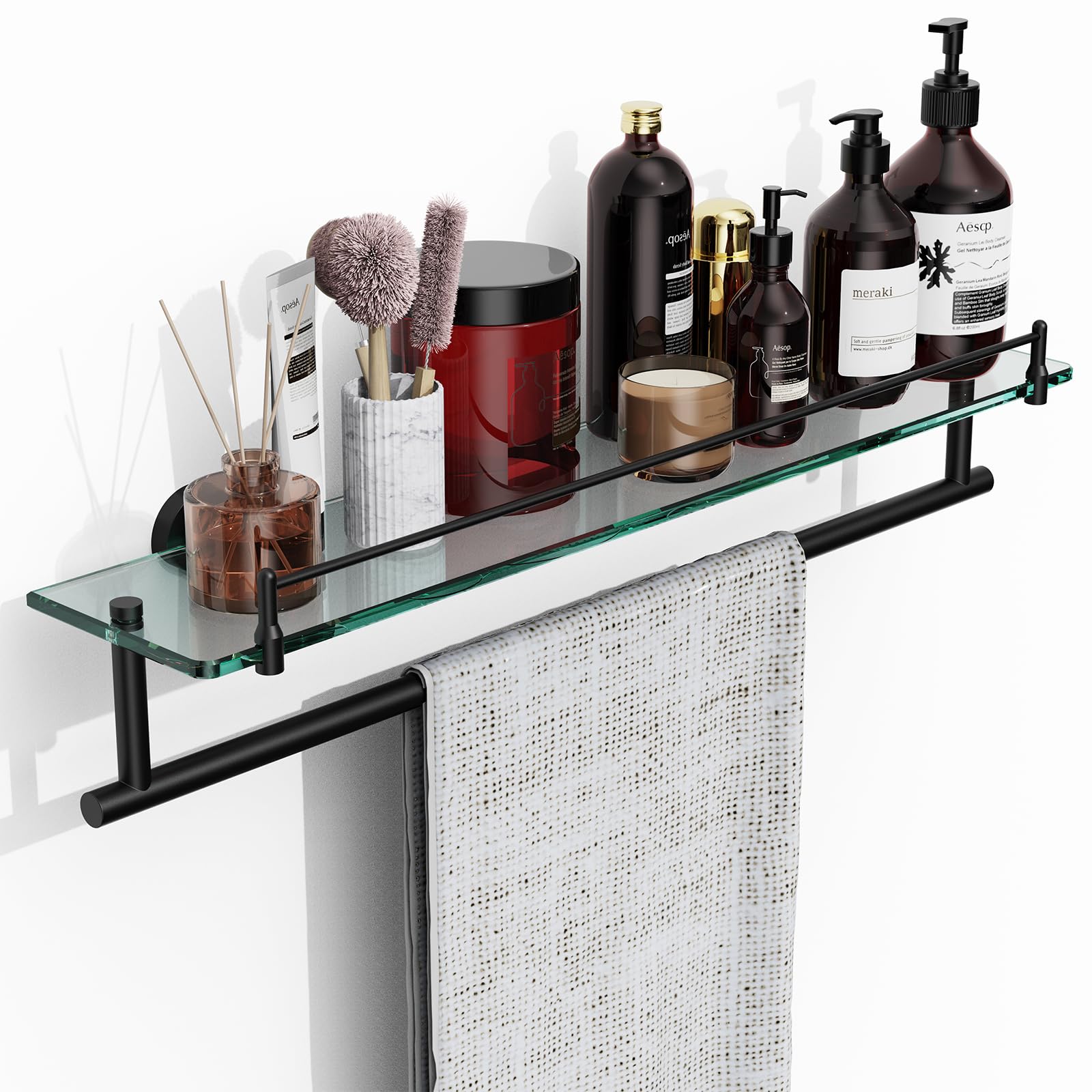 Kocok Glass Shelves For Bathroom With Towel Bar,24-Inch Black Rectangular Glass Shelf Bathroom Shelves With Towel Rack Modern Te