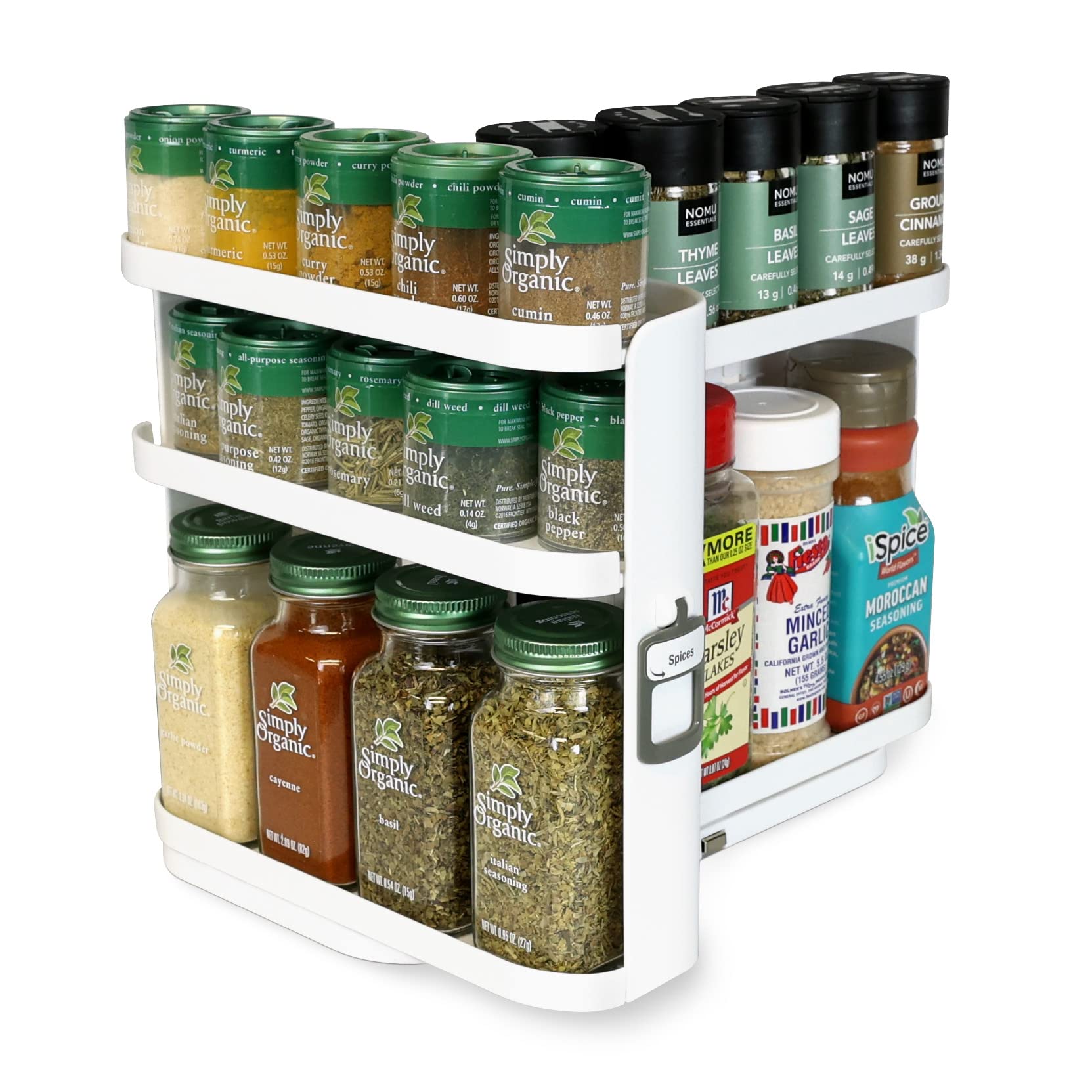 Cabinet Caddy SNAP! Sliding Spice Rack Organizer for Cabinet - Pull & Rotate Seasoning Organizer - 3 Snap-In Adjustable Shelves