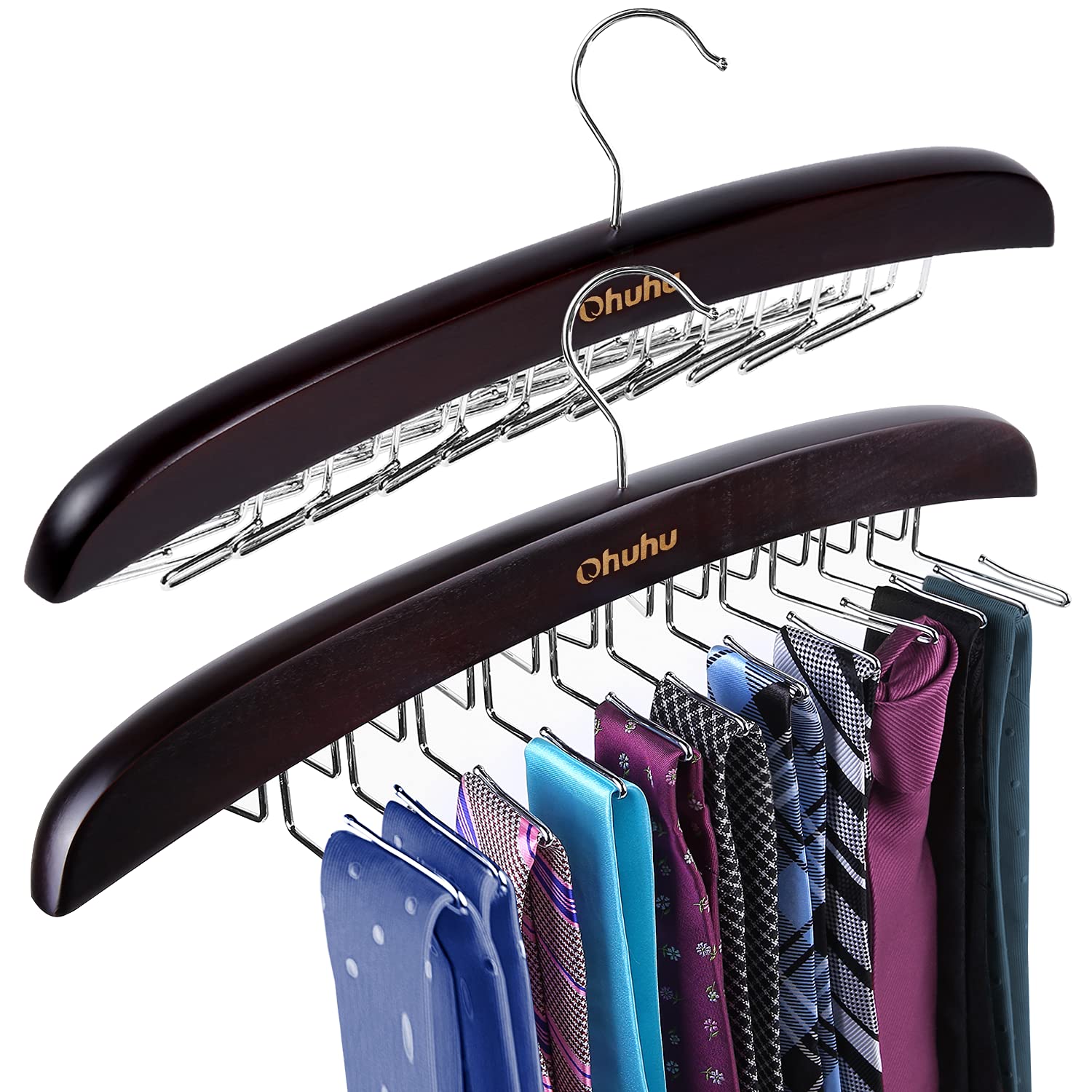 Ohuhu Tie Rack Hanger Closet Organizer, Wooden Walnut 24 Hook Tie Holder For Closet, 360 Degree Rotating Tie And Belt Organizer