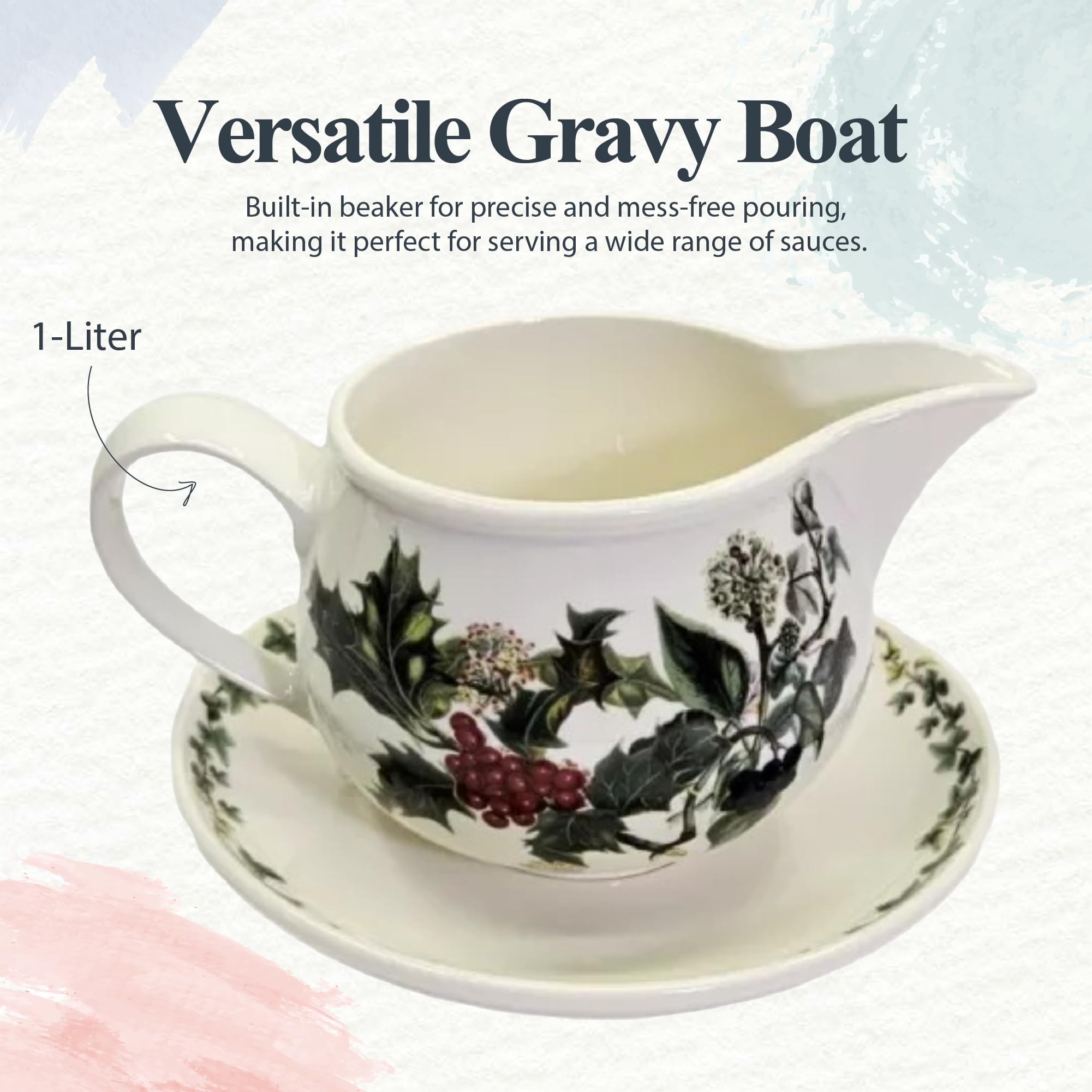 Portmeirion Holly And Ivy Gravy Boat And Stand - 1 L Capacity | Elegant Earthenware Holiday Pitcher With Holly D  Cor | Easy Pou