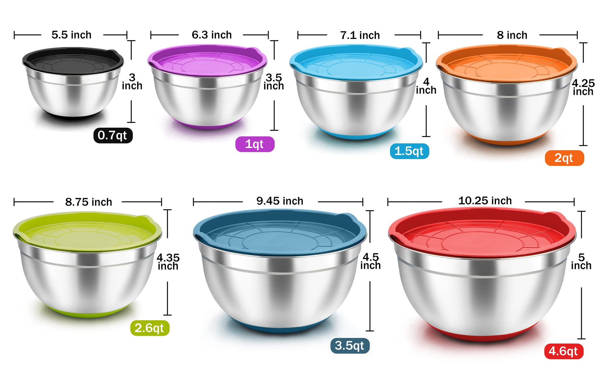 Teamfar Mixing Bowls Set Of 7, Stainless Steel Mixing Bowls With Lids For Baking Mixing Prepping, Salad Bowl With Air-Tight Lid
