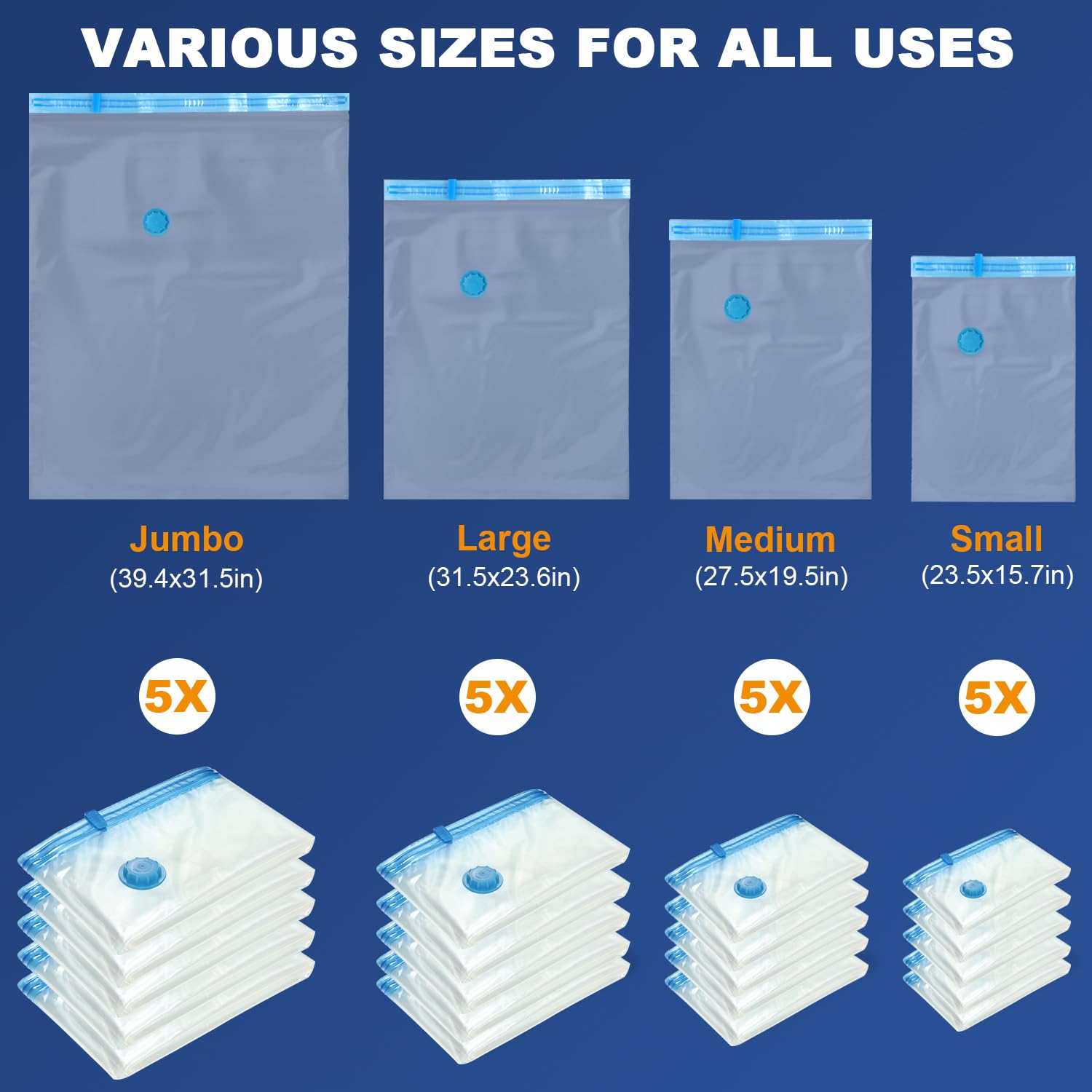 20Pack Vacuum Storage Bags, 5 Jumbo/5 Large/5 Medium/5 Small Vacuum Sealer Bags For Clothes, Compression Storage Bags, Space Sav