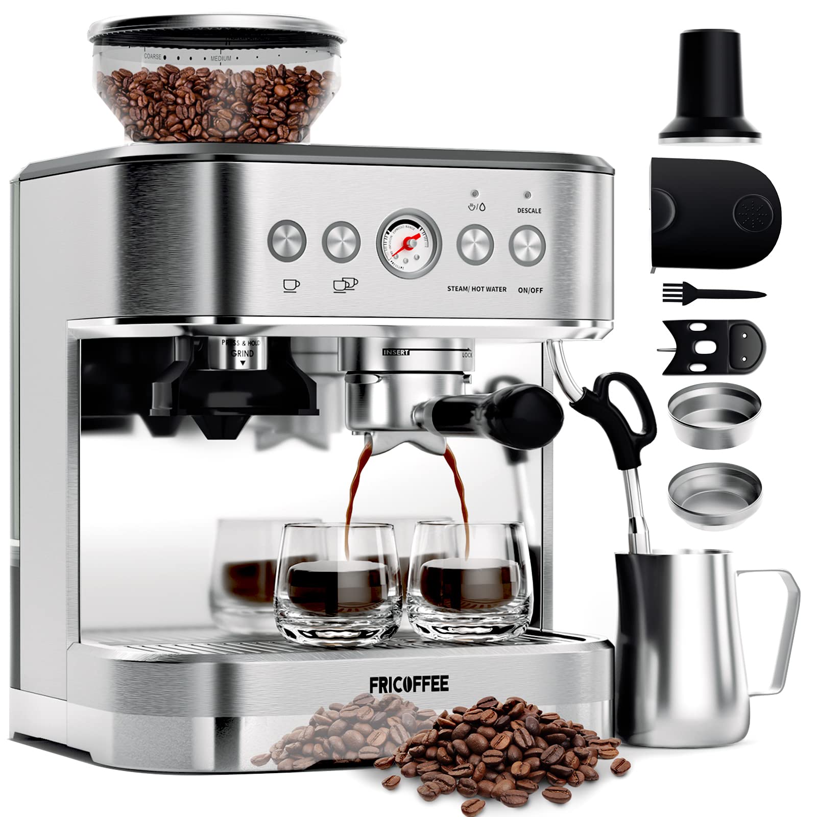 Fricoffee Espresso Machine with Grinder Espresso Maker Stainless Steel with Milk Frother Cappuccino Machine Semi Automatic Espre