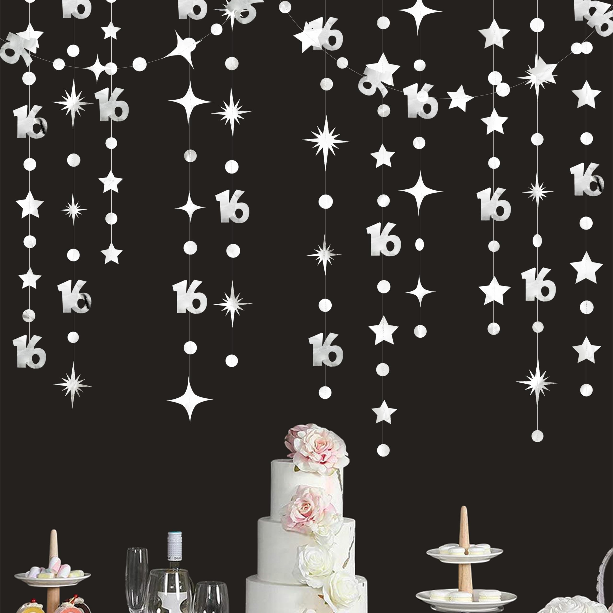 Silver 16Th Birthday Decorations Number 16 Circle Dot Twinkle Star Garland Metallic Banner Backdrop For Girls Boys Happy 16Th Bi