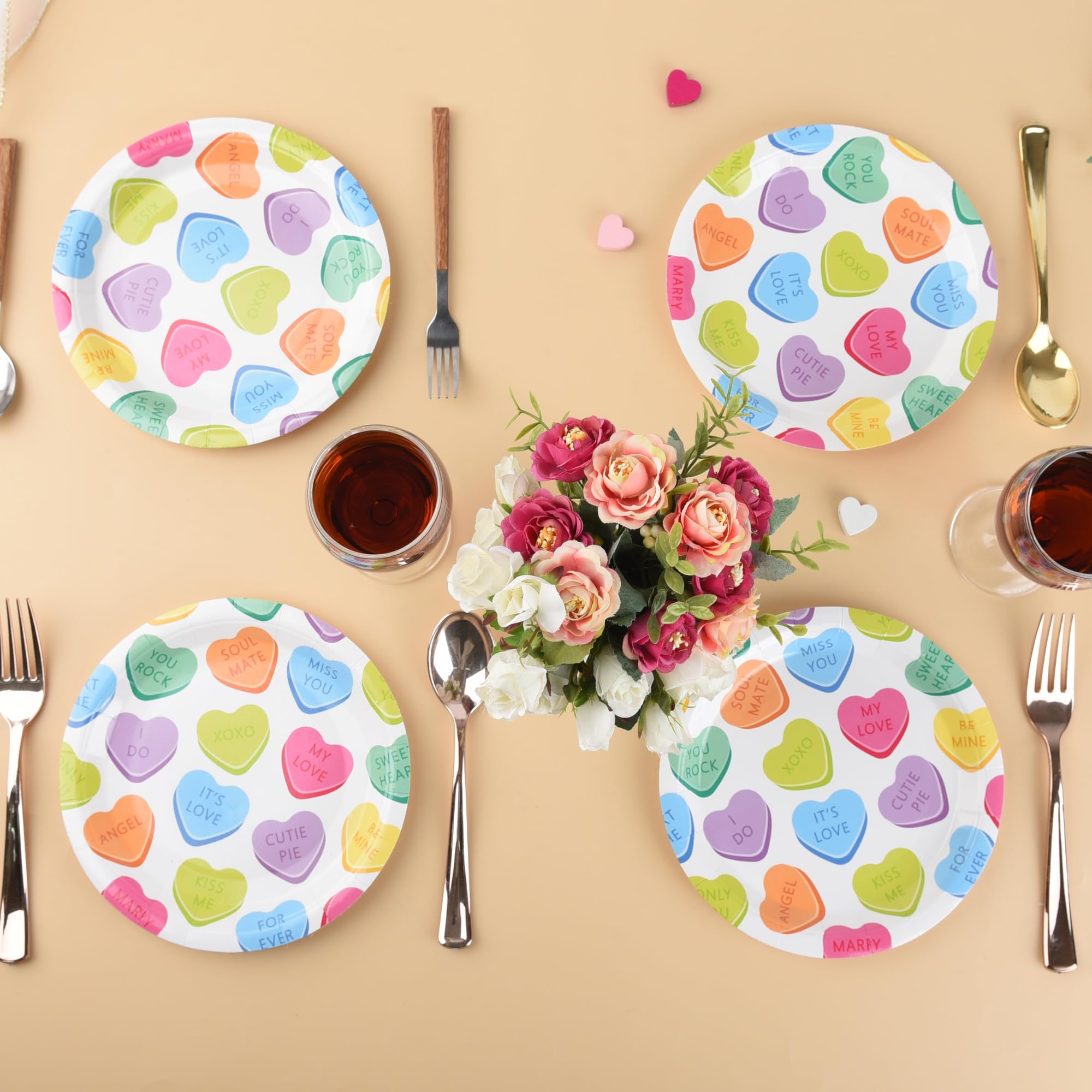 Allreal 50Pcs Valentine'S Day Paper Plates Conversation Heart Party Plates Red Colorful Decorative Hearts Disposable Round Dinne