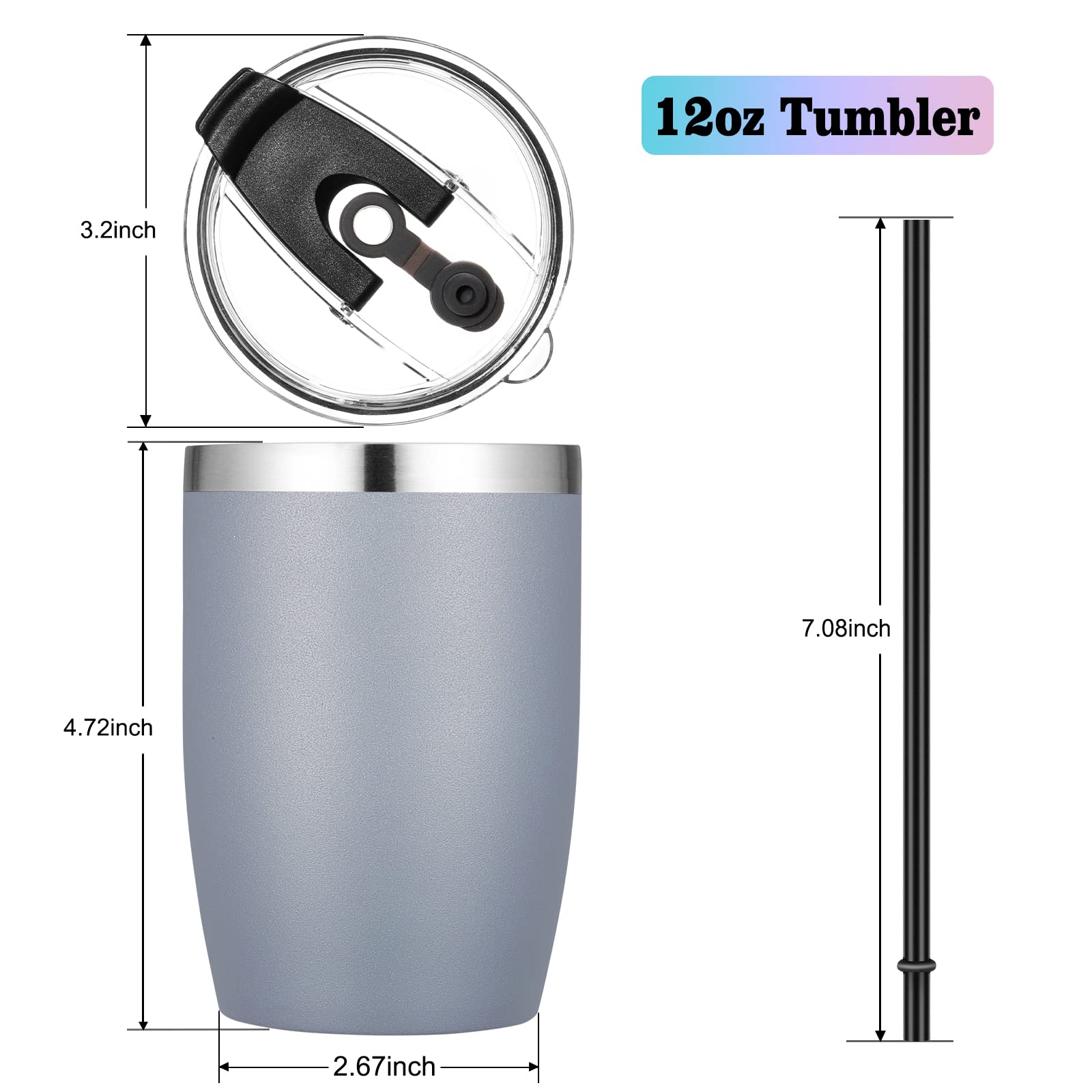 Vegond Stainless Steel 12 Oz Tumblers Bulk Vacuum Insulated Double Wall Travel Tumbler With Lid And Straw Reusable Tumbler, Grey