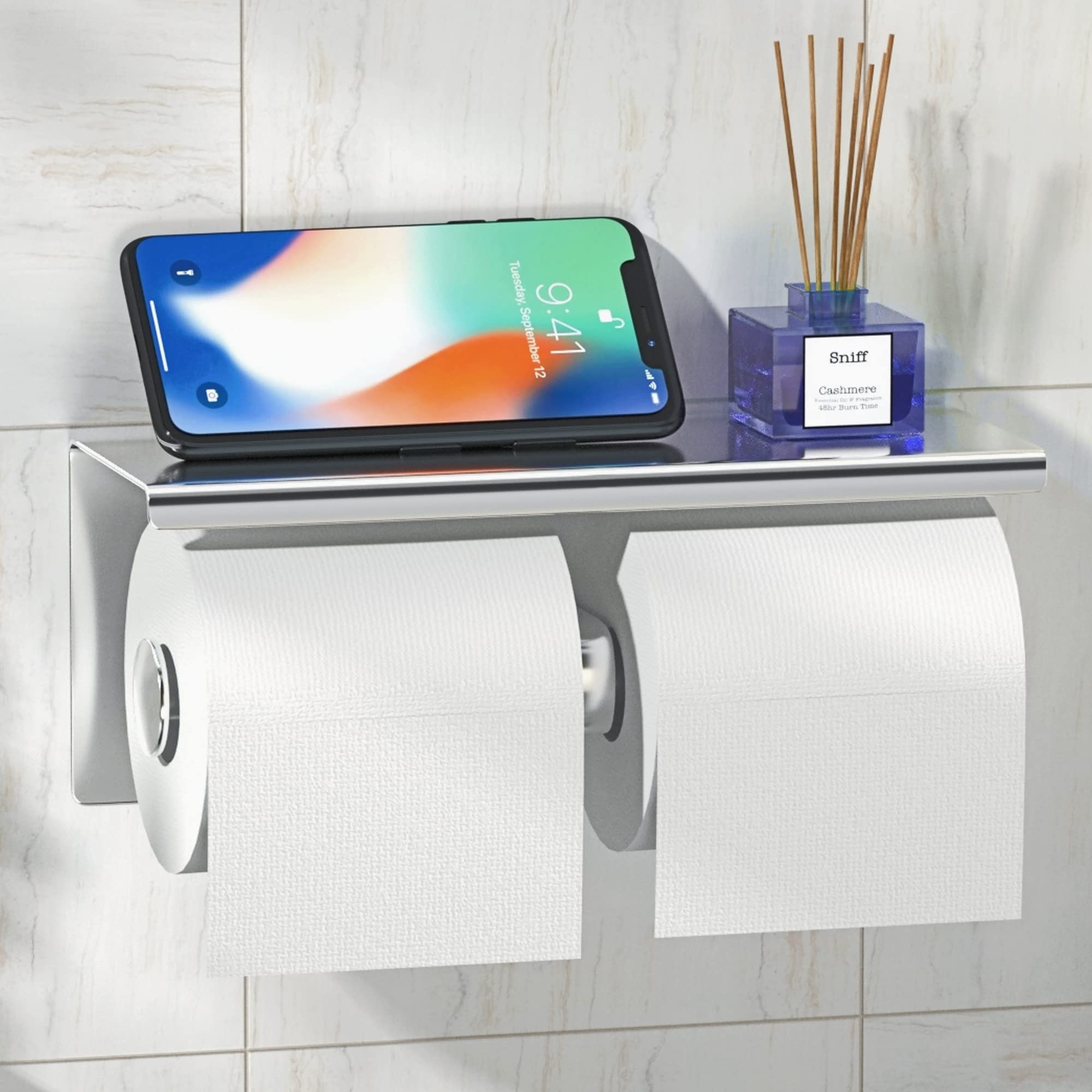 YEAVS Double Toilet Paper Holder-SUS 304 Stainless Steel Tissue Roll Rack with Phone Storage Shelf (Polished Chrome)