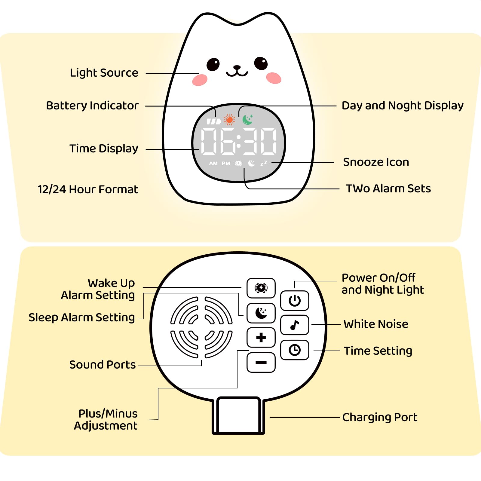 Aokpsrt Cat Alarm Clock with Night Light for Kids with Sleep Training and Sound Machine, Rechargeable Silicone Lamp OK to Wake C