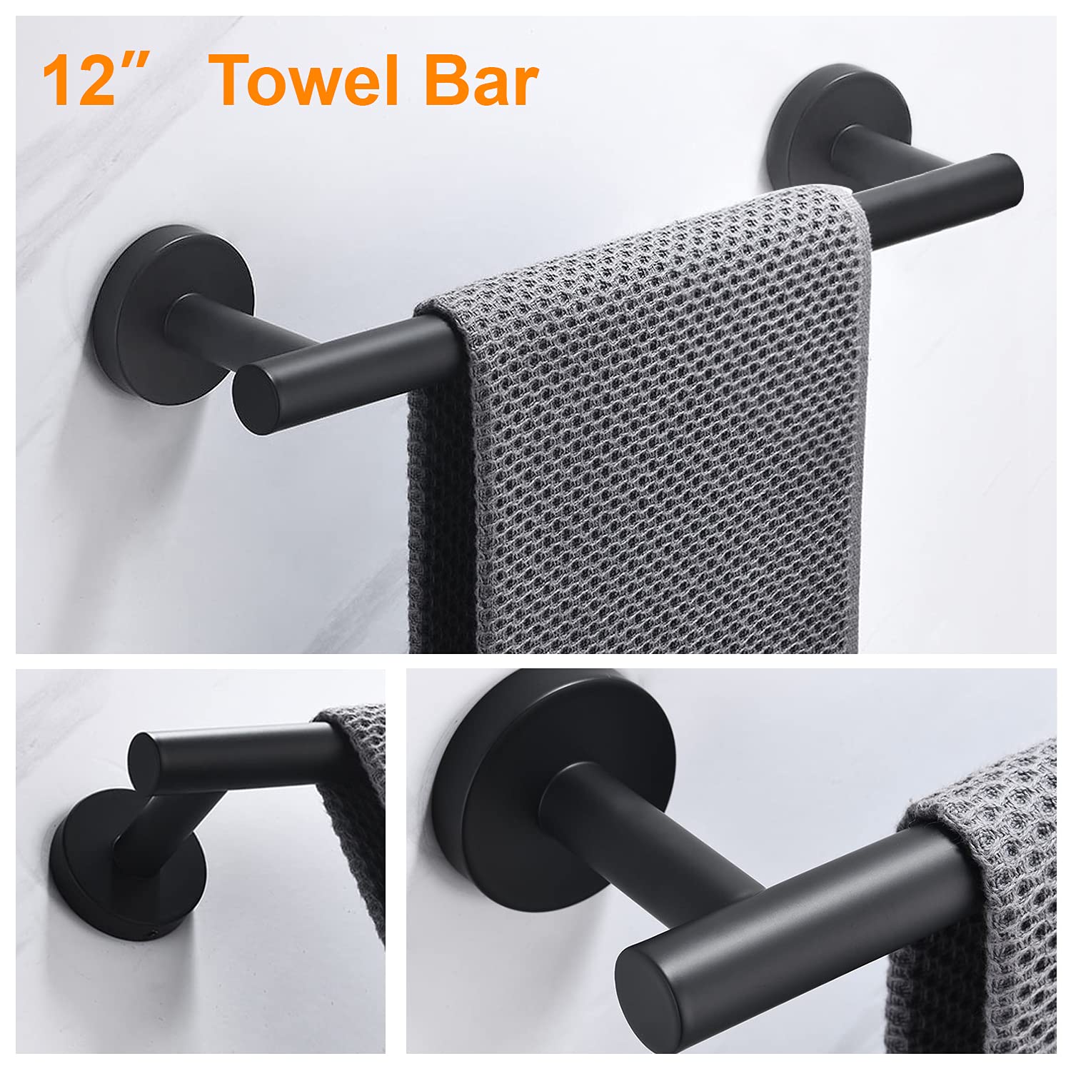 Nolimas 3-Pieces Set Matte Black Bathroom Hardware Set SUS304 Stainless Steel Round Wall Mounted - Includes 12'' Hand Towel Bar Toilet Paper Holder  Robe Towel Hooks Bathroom Accessories Kit
