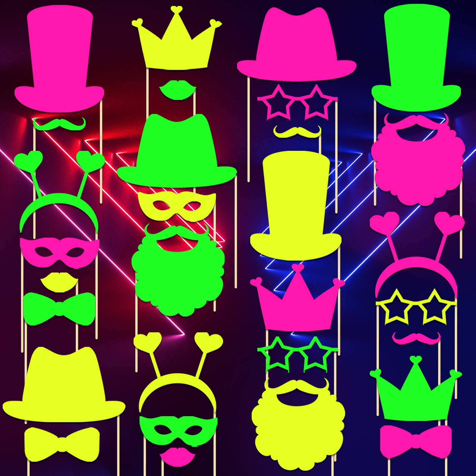 Skylety 42 Pcs Neon Photo Booth Props Glow Photo Booth Fully Assembled Neon Glow Party Colorful Black Light Fluorescent Paper Po