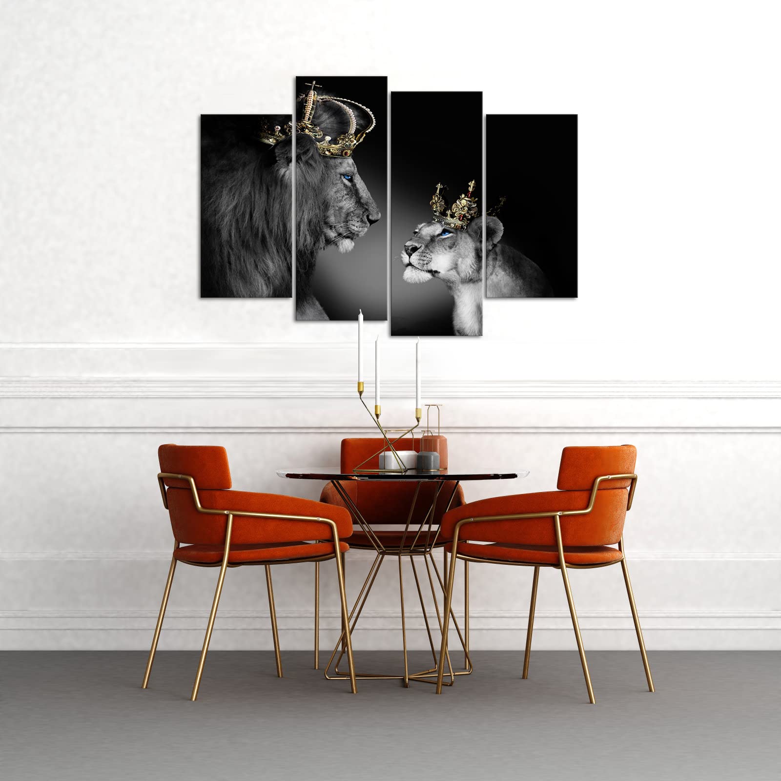 Large 4 Panel Wall Decor The Lion King And Queen With Crown Wall Art African Wild Animals Canvas Prints Pictures Black And White