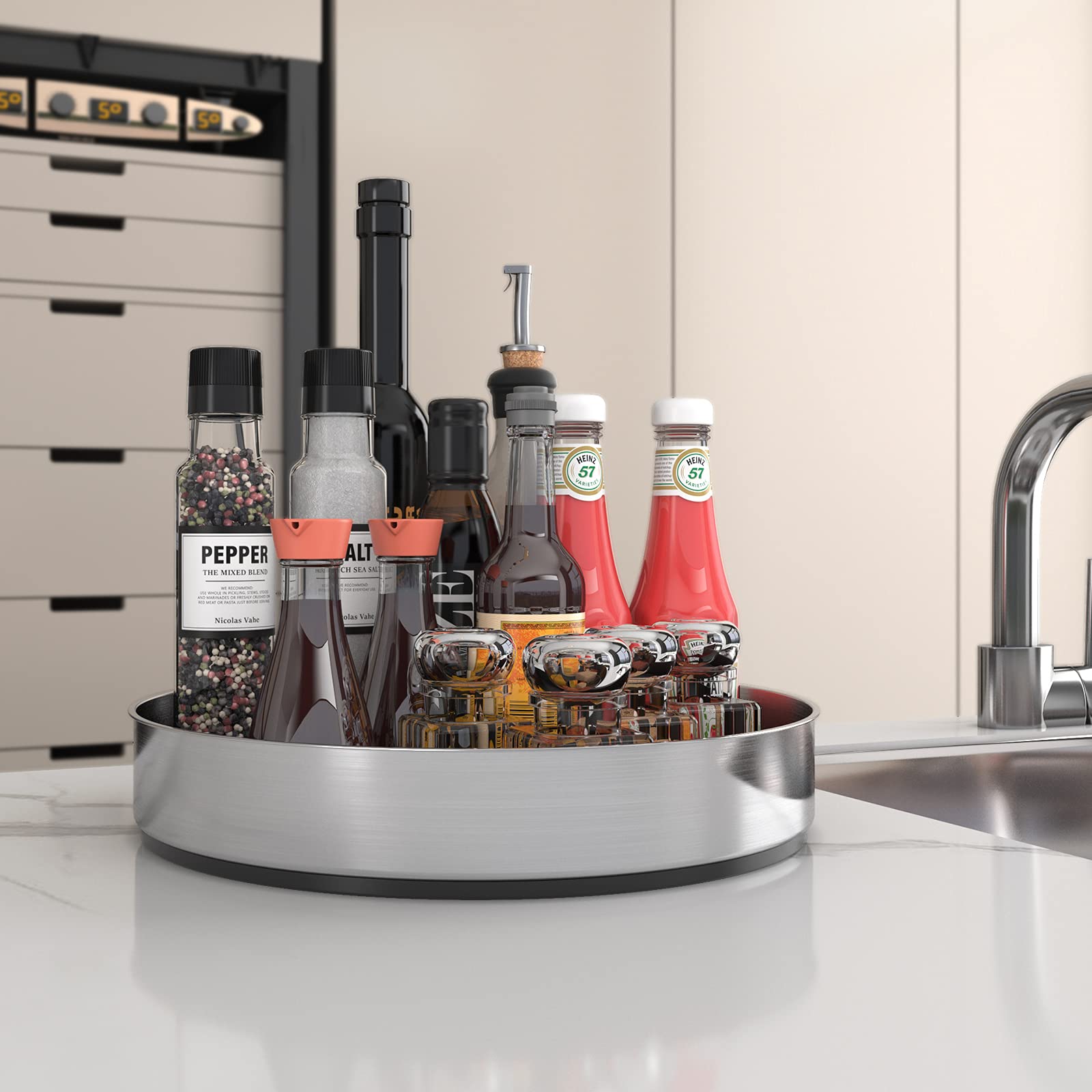 Vaehold Pantry Cabinet Lazy Susan Stainless Steel Black Spice Rack Turntable - Decorative Trays Storage Containers Organizer For
