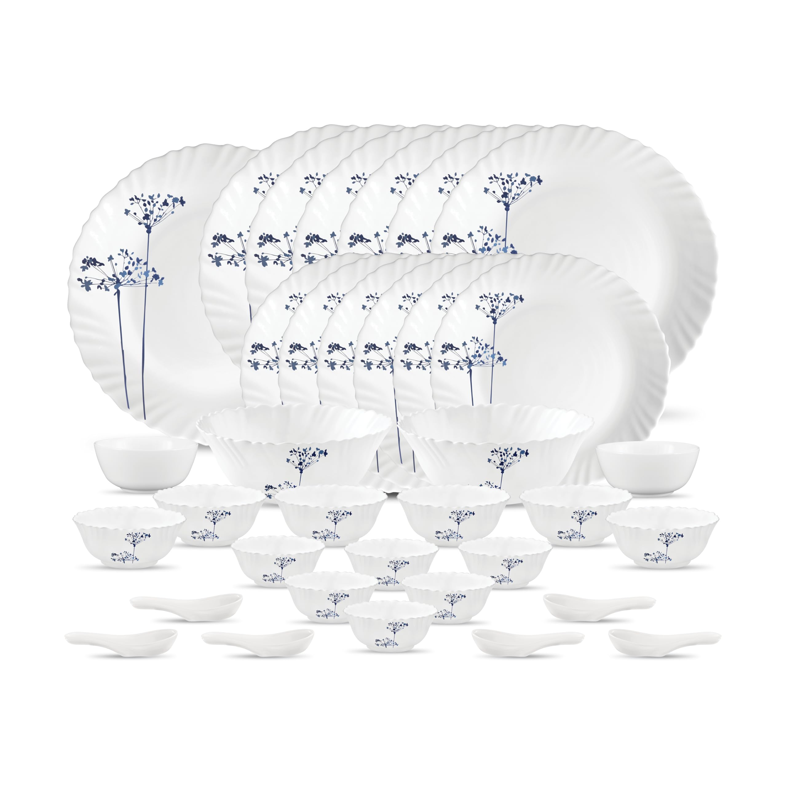 La Opala Novo Collection Opal Glass Crockery | For Family Of 6 | Dinner Set 35 Pcs Aqua Spray | Plates & Bowls For Dining | Micr
