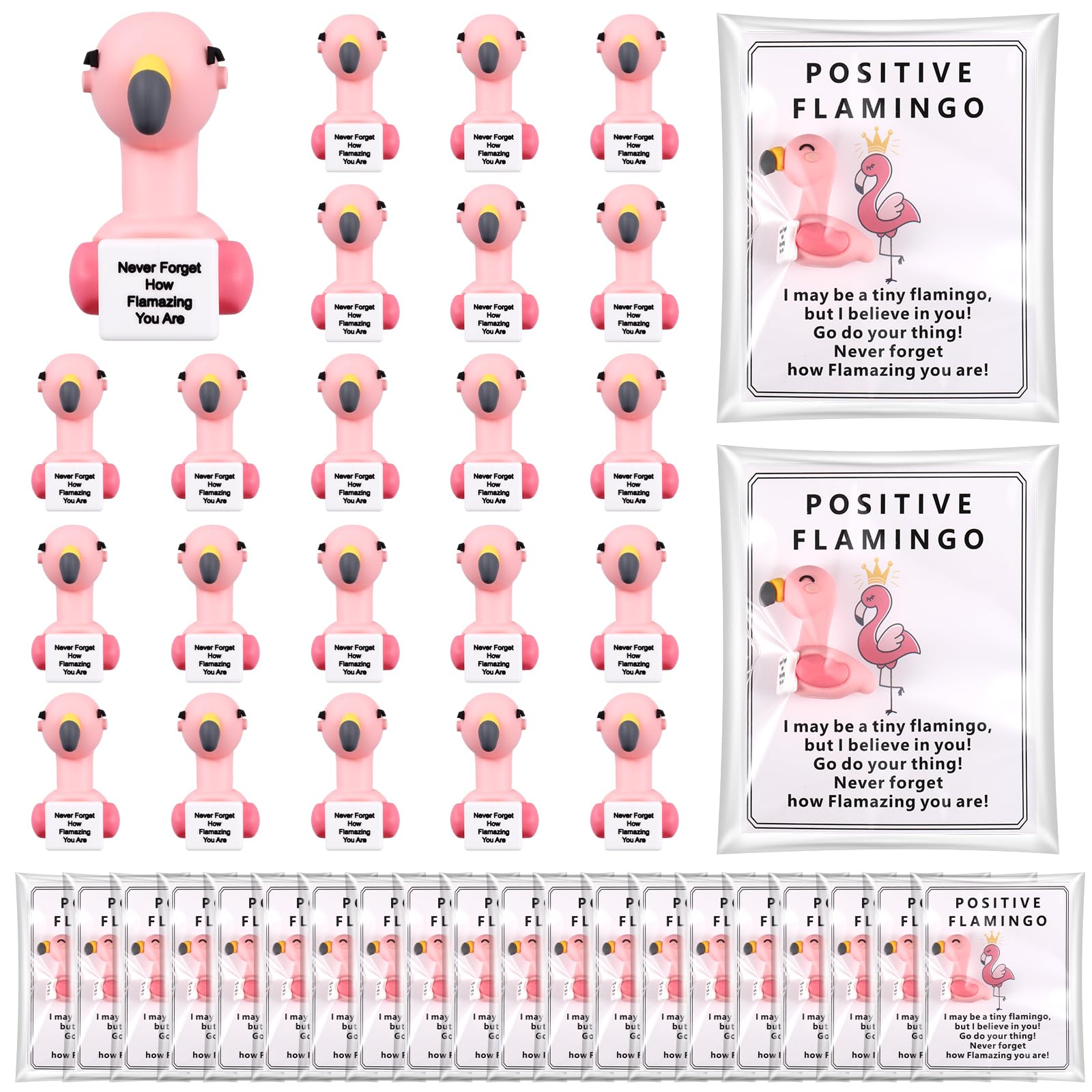 Gejoy 75 Pcs Positive Flamingo Appreciation Gifts Set Include 25 Mini Rubber Flamingo 25 Motivational Card 25 Package Bag Emotio