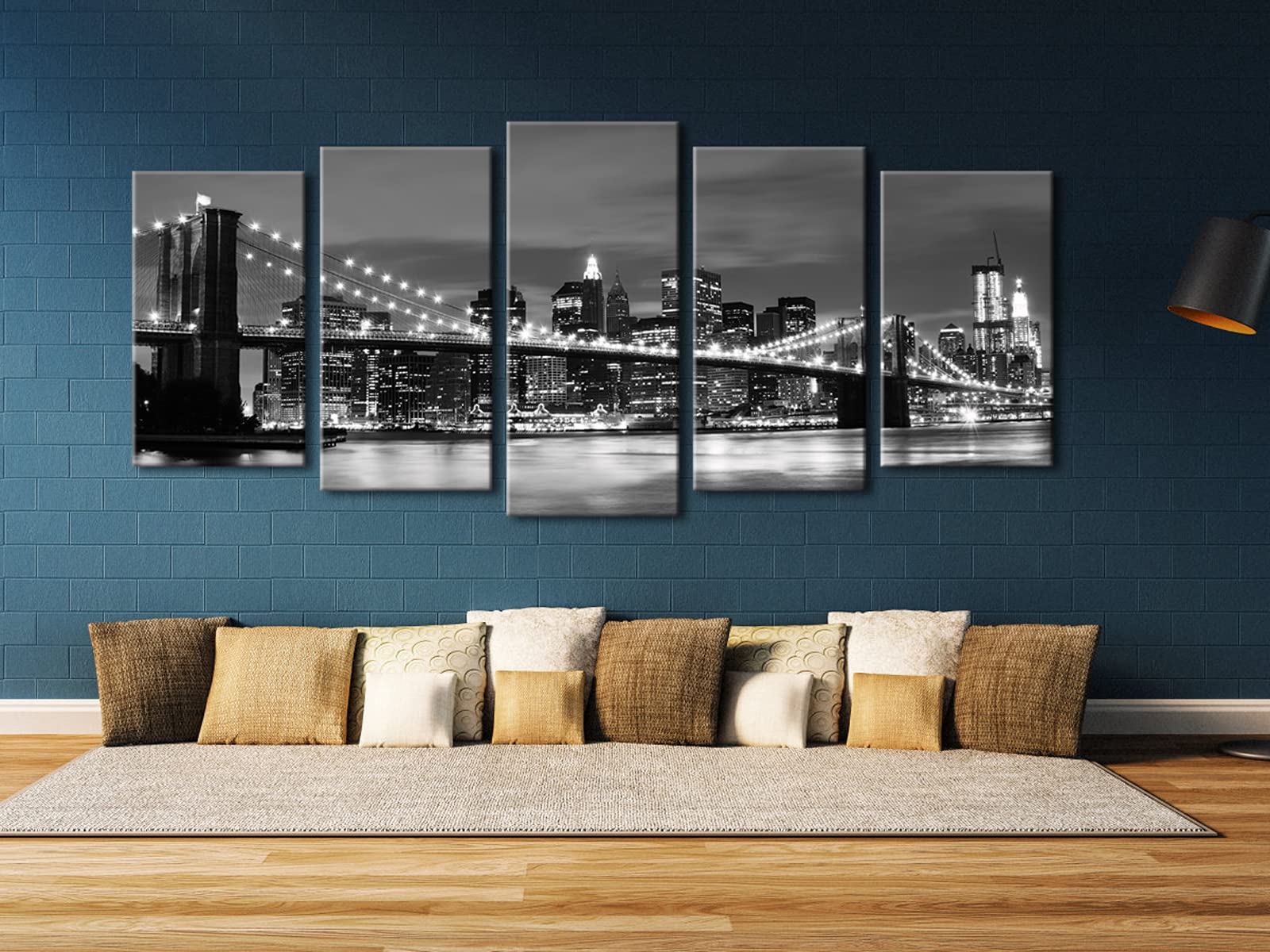 Wieco Art Large Brooklyn Bridge Night View Modern Giclee Canvas Prints Artwork Landscape Pictures To Photo Paintings On Stretche