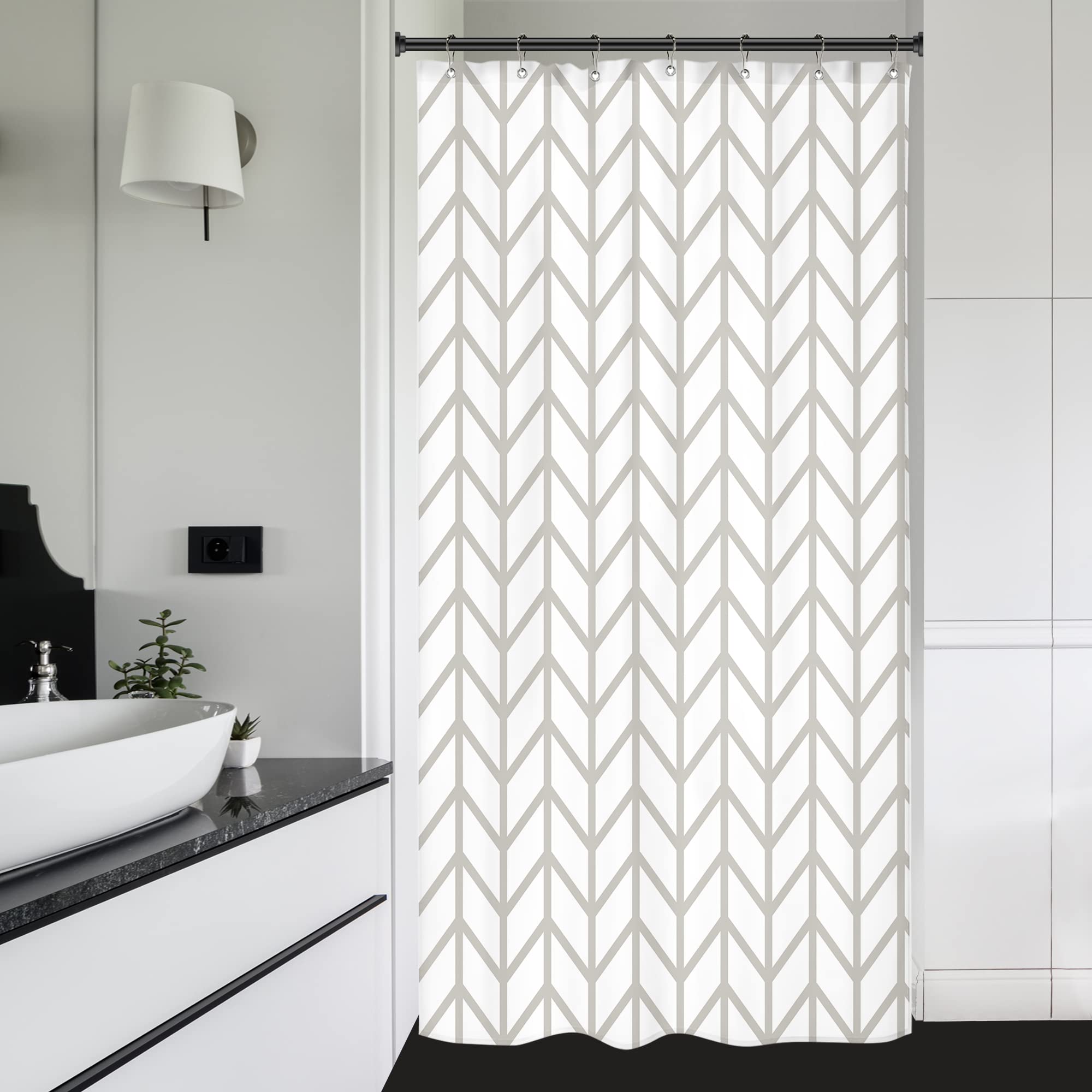 Riyidecor Stall Small Half Size Narrow Shower Curtain 36x72 Inch Dorm White Beige Geometric Bold Thick Lines Striped Herringbone